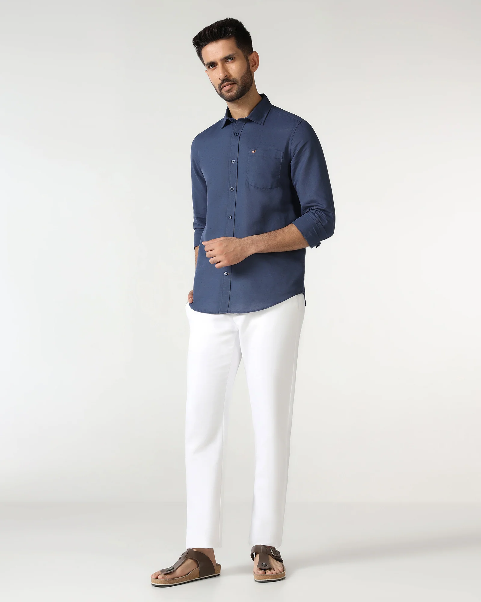 Blue Linen Solid Shirt - Salmon - Image 8