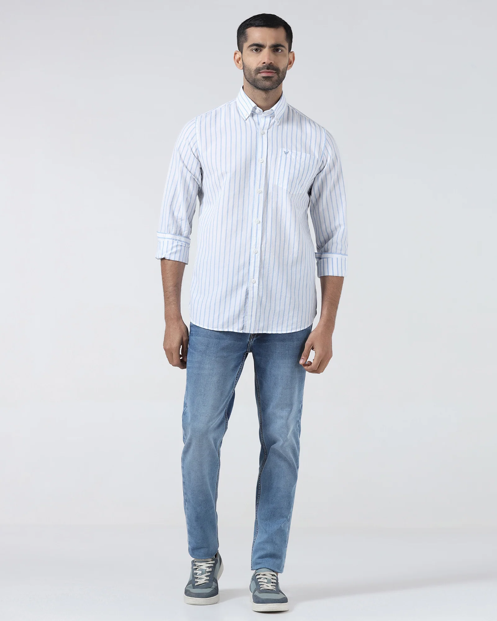 Blue Linen Stripe Shirt - Marzel - Image 3