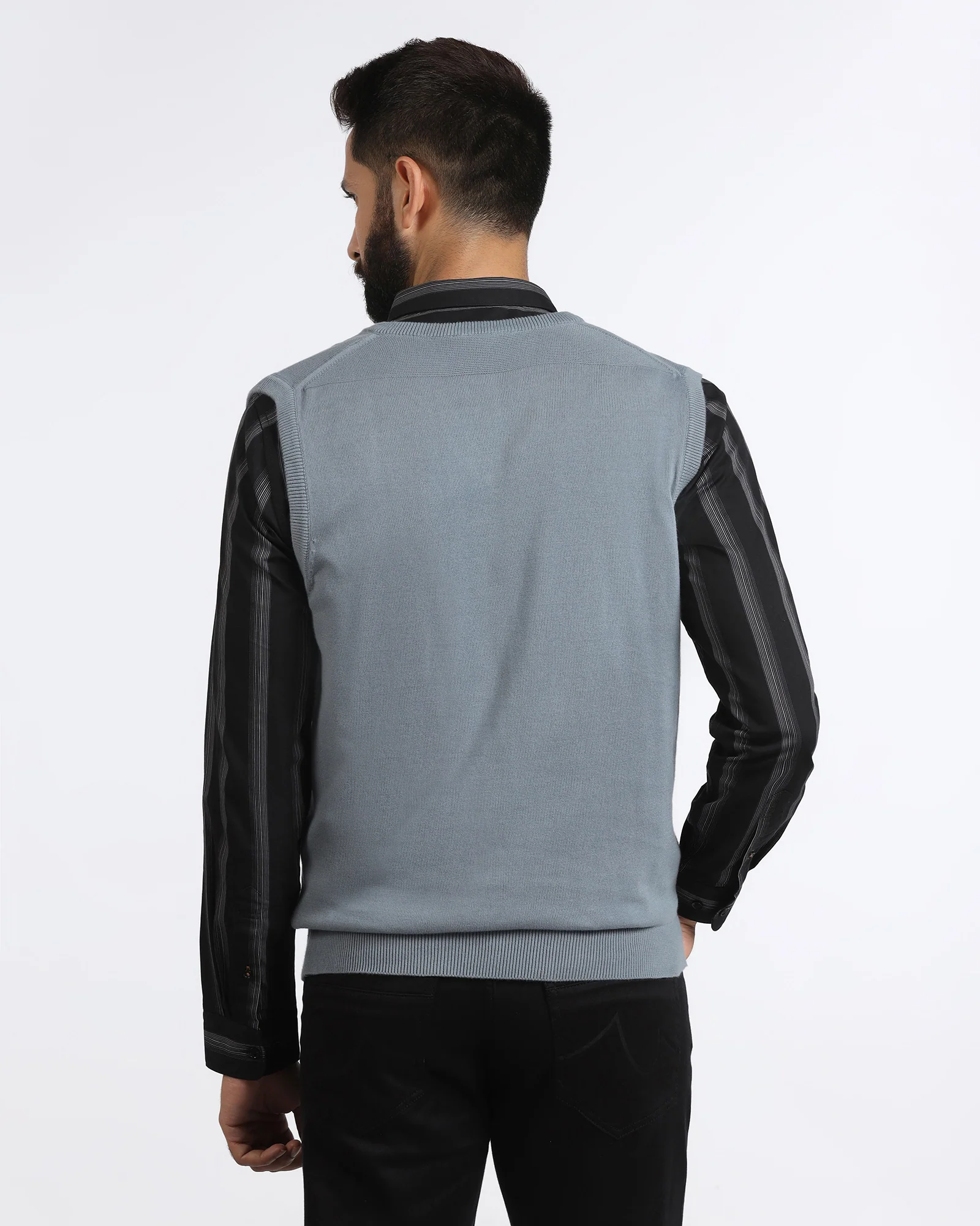 Blue V-Neck Solid Sweater - Less - Image 2