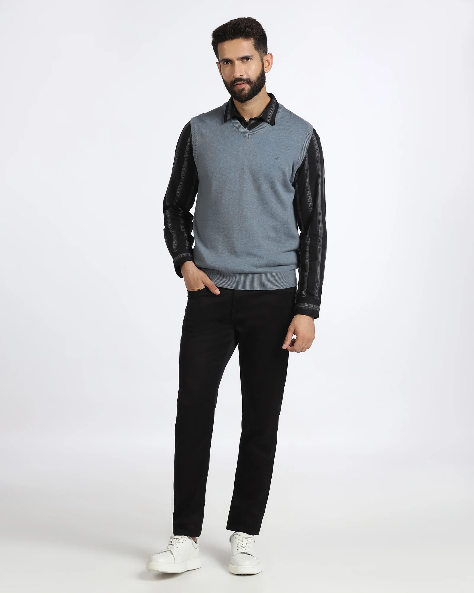 Blue V-Neck Solid Sweater - Less - Image 3