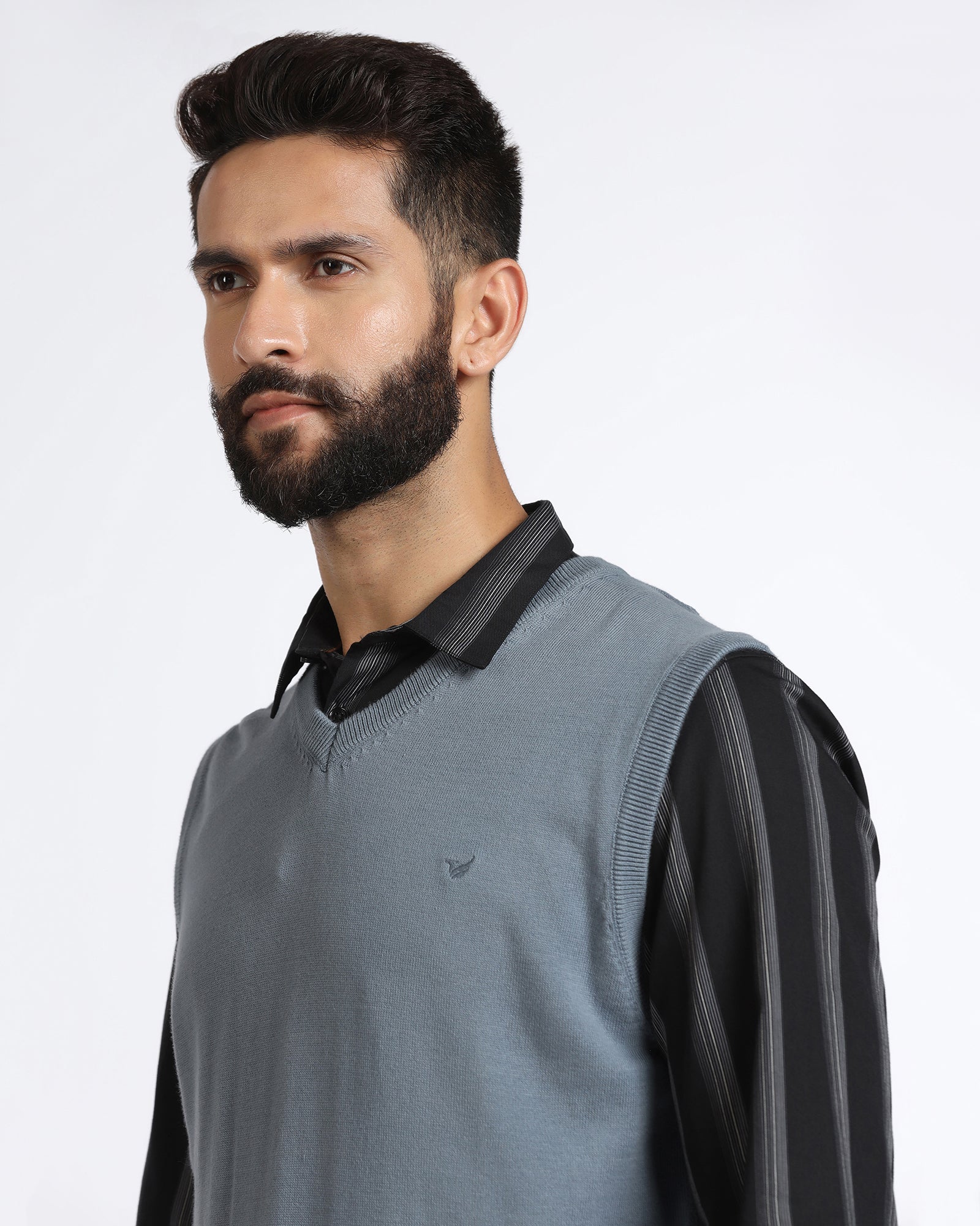Blue V-Neck Solid Sweater - Less - Image 4