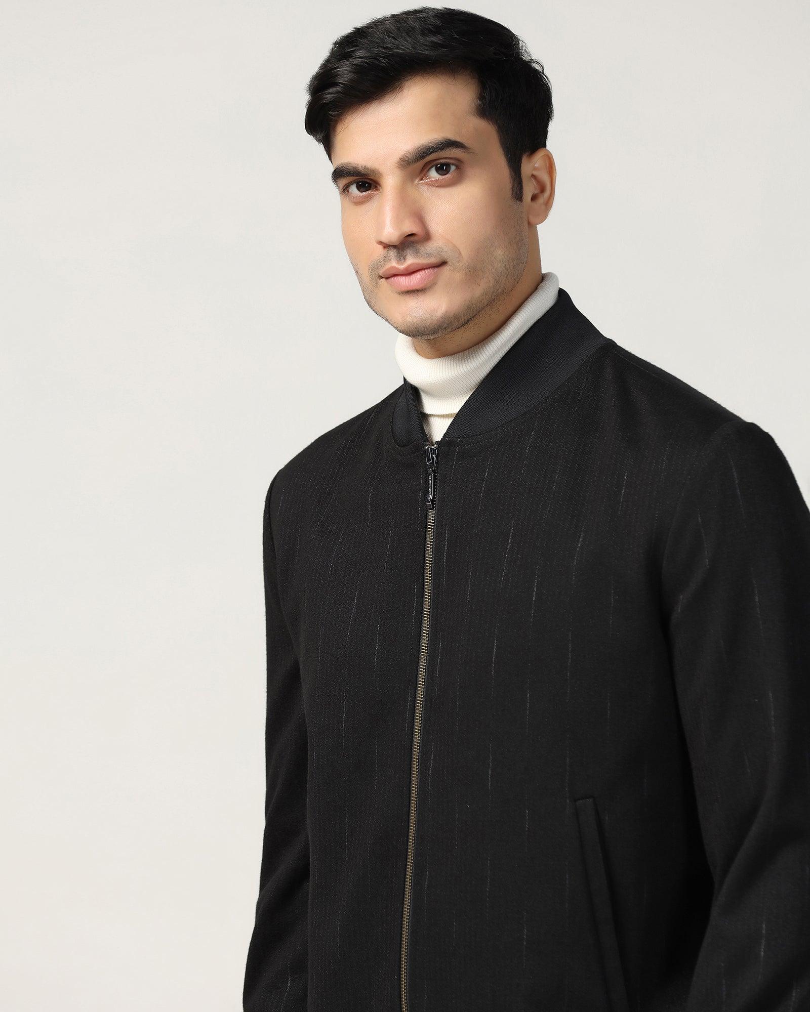 Bomber Black Textured Zipper Jacket - Accord - Image 4