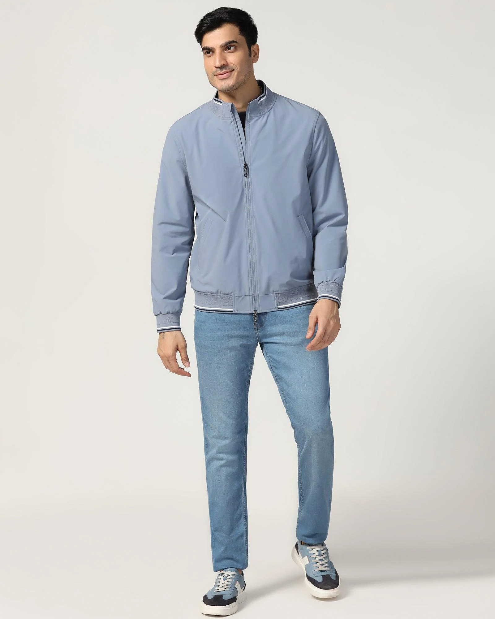 Bomber Sky Blue Solid Zipper Jacket - Cornell - Image 3