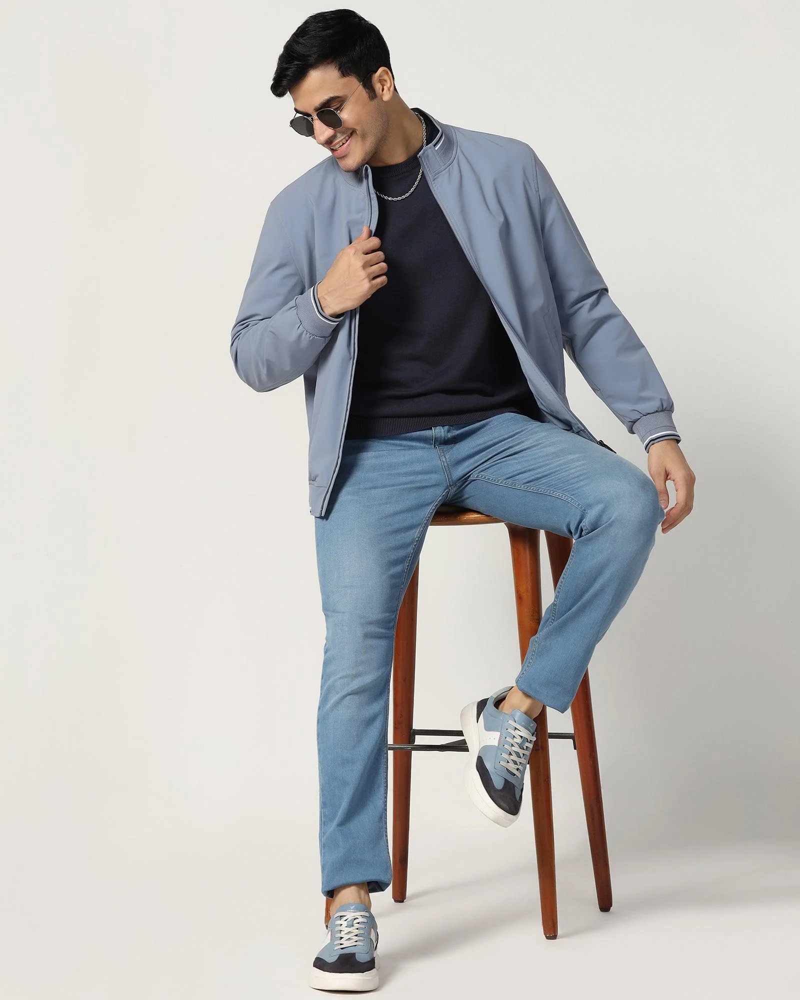 Bomber Sky Blue Solid Zipper Jacket - Cornell - Image 5