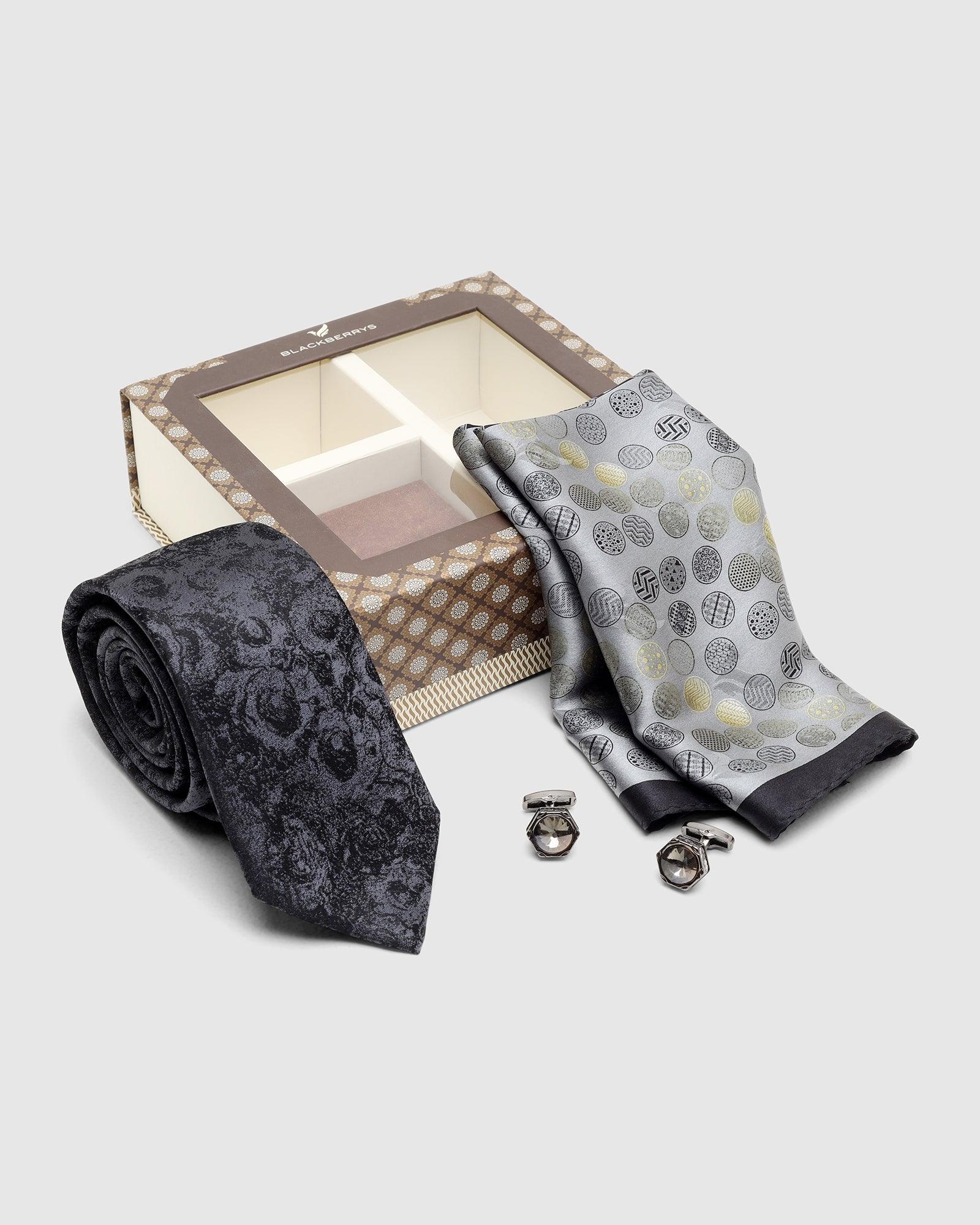 Boxed Combo Printed Tie With Pocket Square And Cufflink In Black - Takin - Image 5