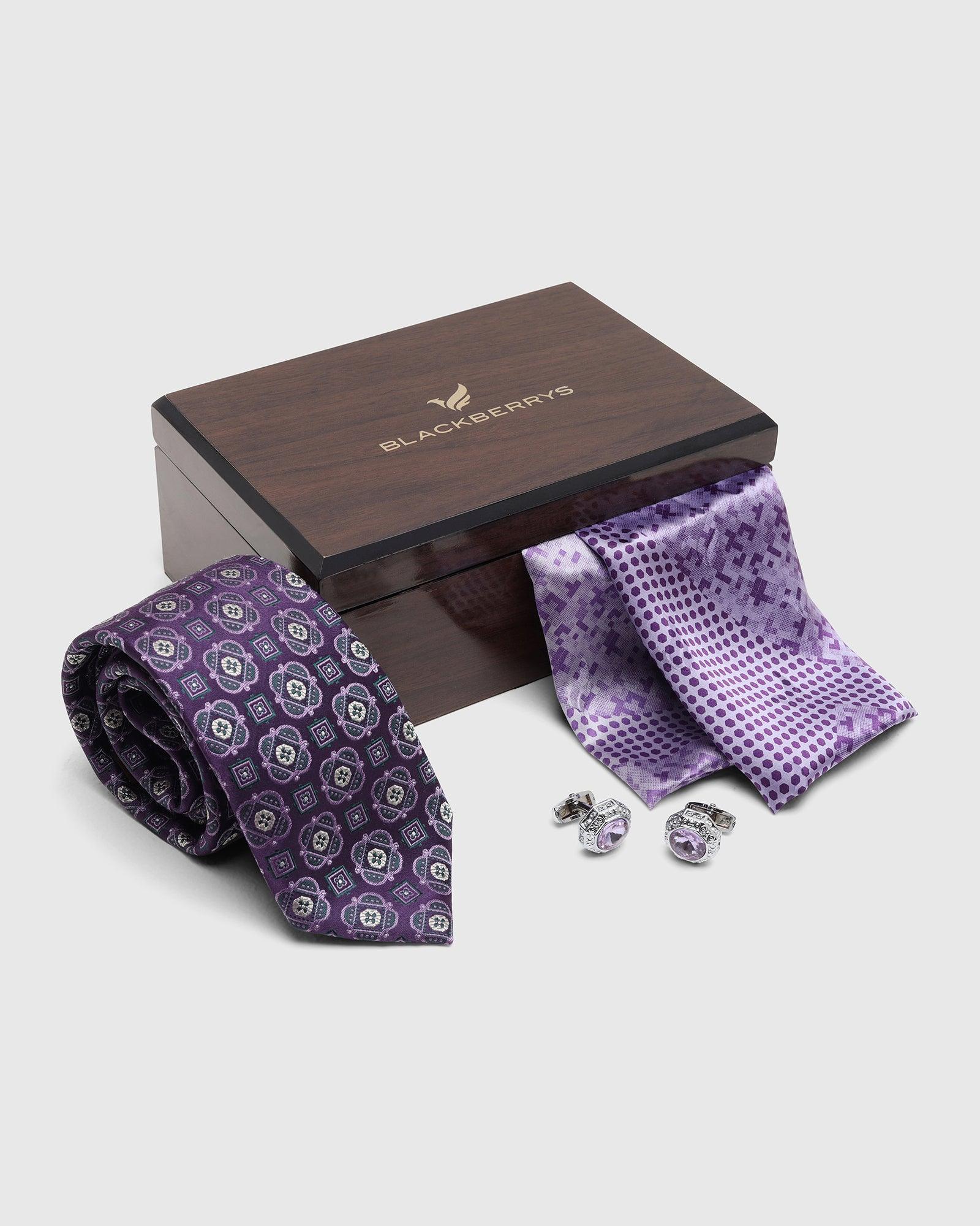 Boxed Combo Printed Tie With Pocket Square And Cufflink In Purple - Taran - Image 5