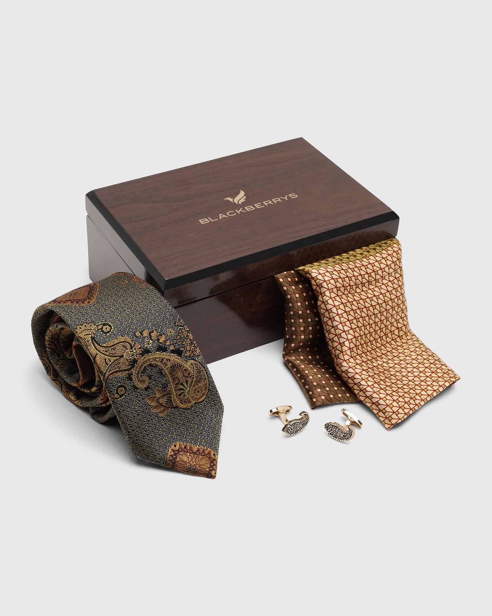 Boxed Combo Printed Tie With Pocket Square And Cufflink In Yellow - Tarmaric - Image 5