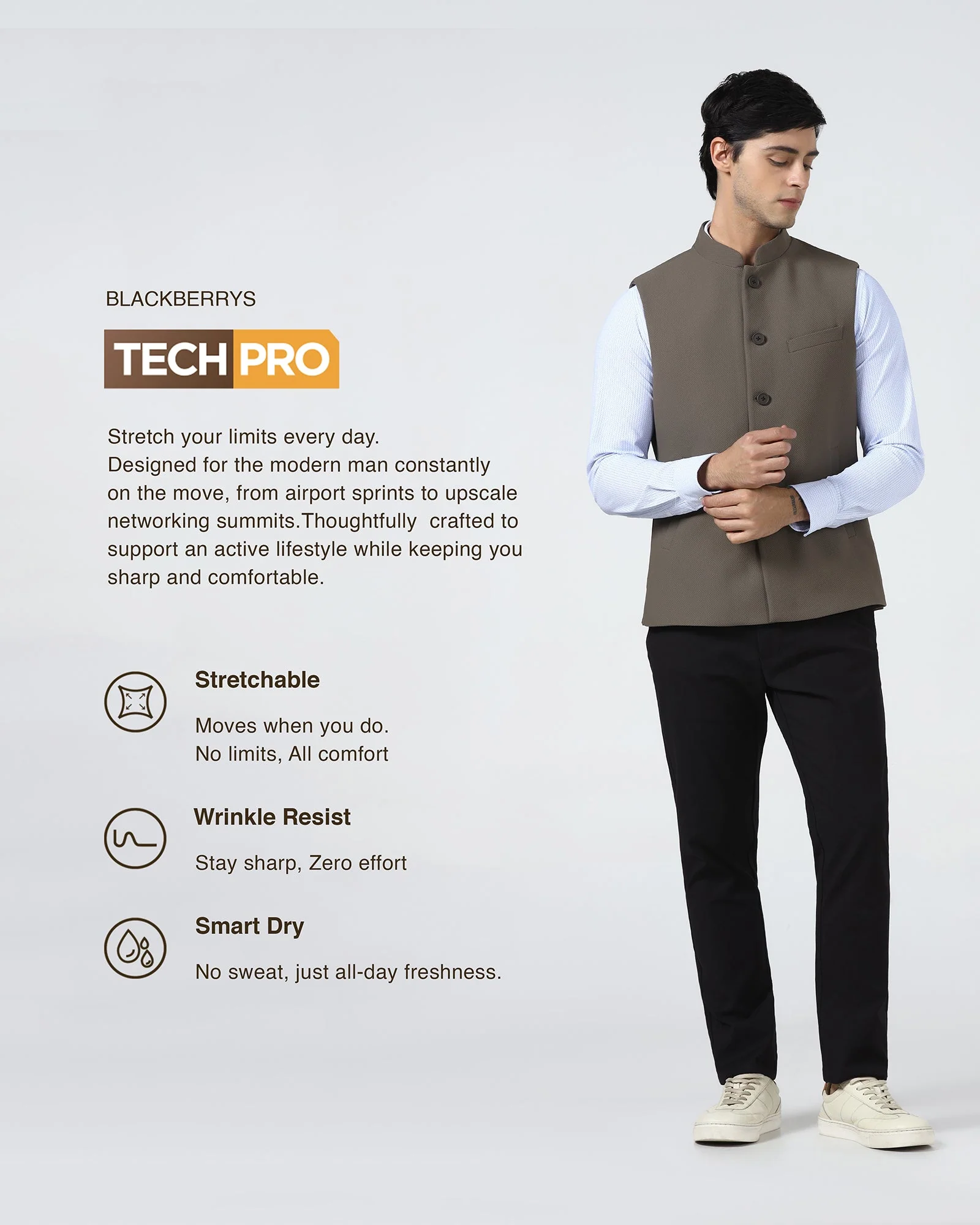 Brown Bandhgala TechPro Textured Waistcoat - Marcelo - Image 4