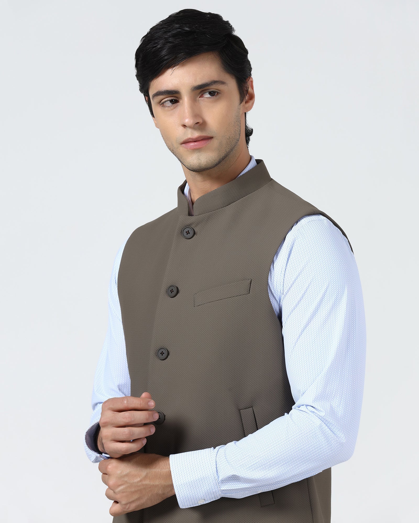 Brown Bandhgala TechPro Textured Waistcoat - Marcelo - Image 5