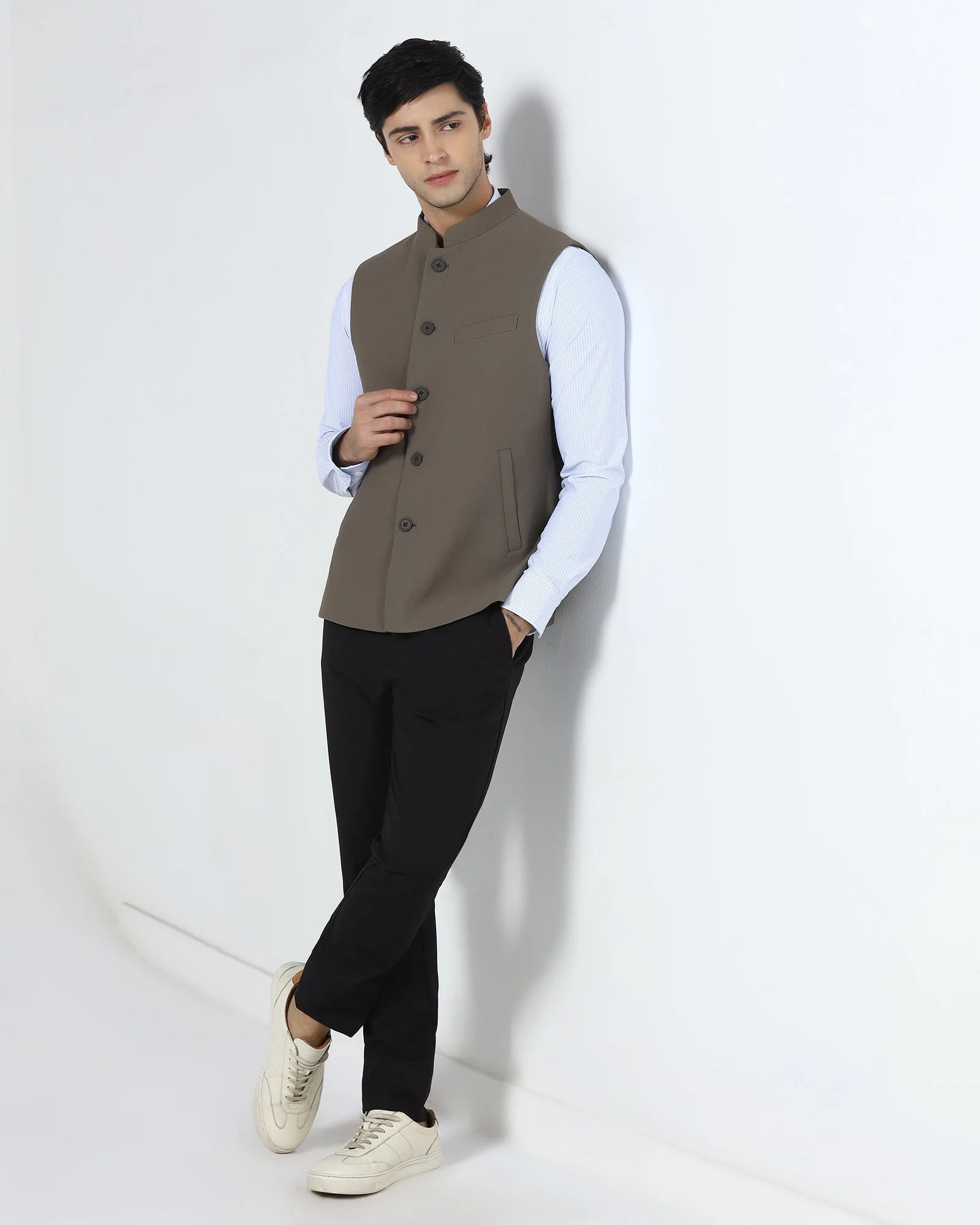 Brown Bandhgala TechPro Textured Waistcoat - Marcelo - Image 6