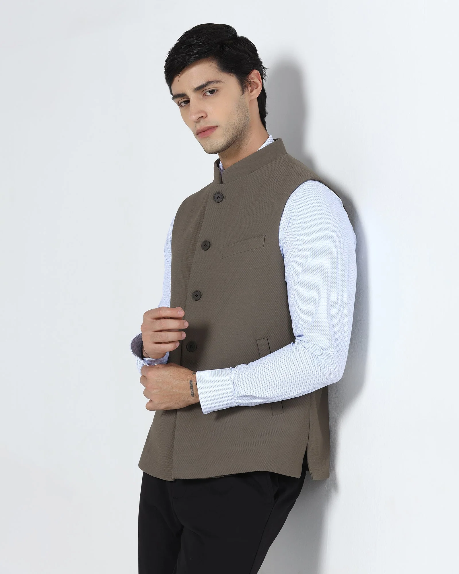 Brown Bandhgala TechPro Textured Waistcoat - Marcelo - Image 7