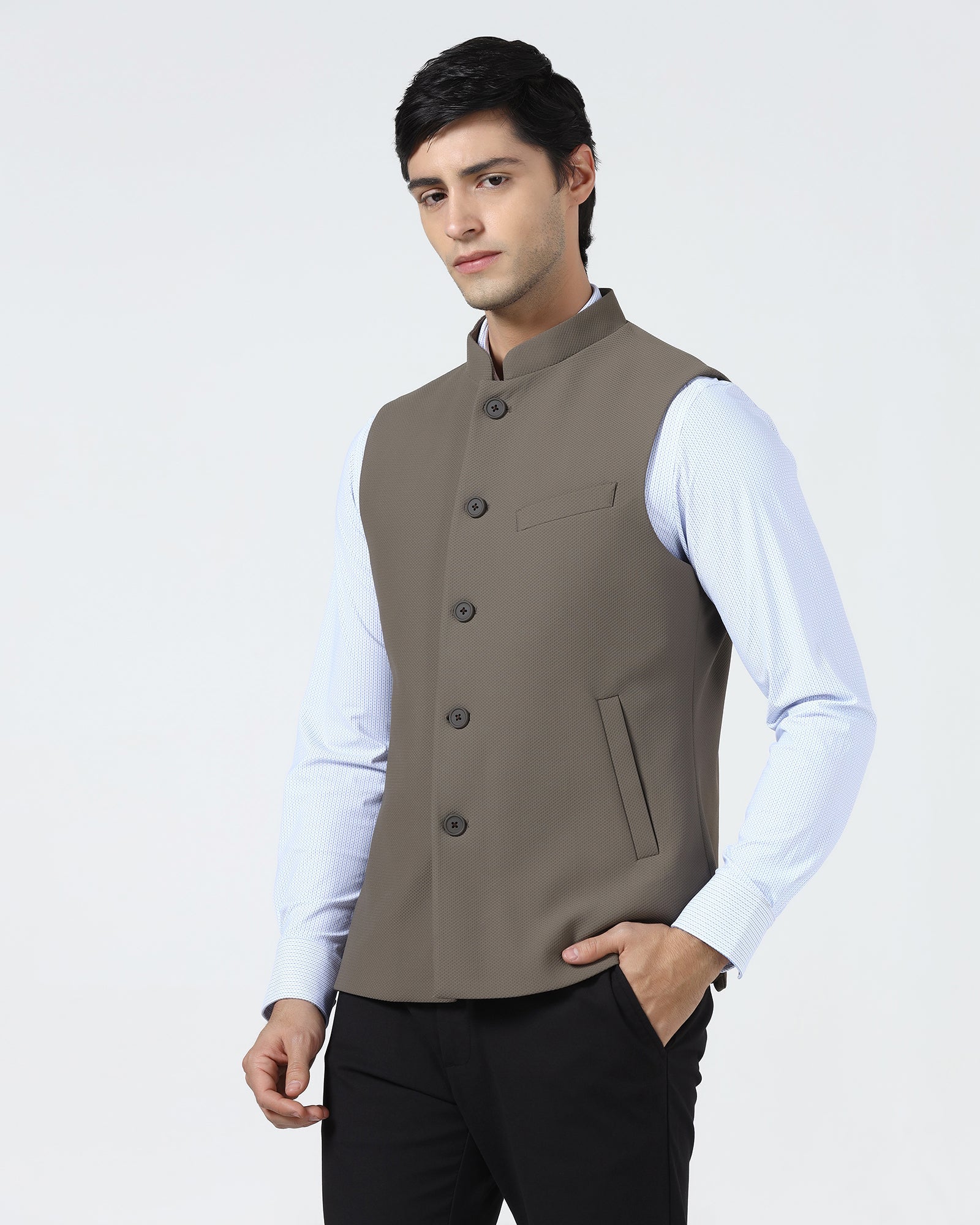 Brown Bandhgala TechPro Textured Waistcoat - Marcelo - Image 8
