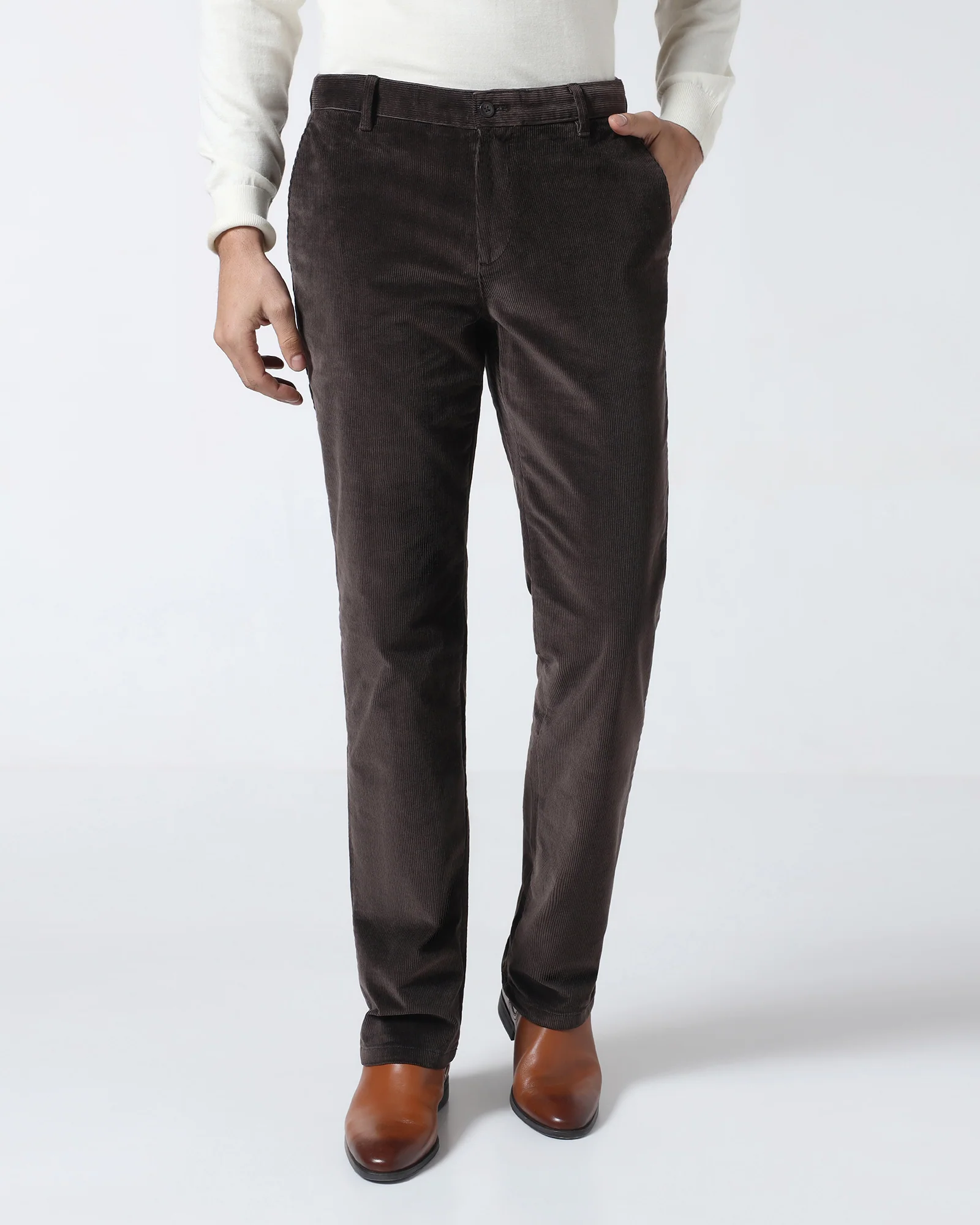Brown Corduroy Solid Khakis - Magne - Image 3