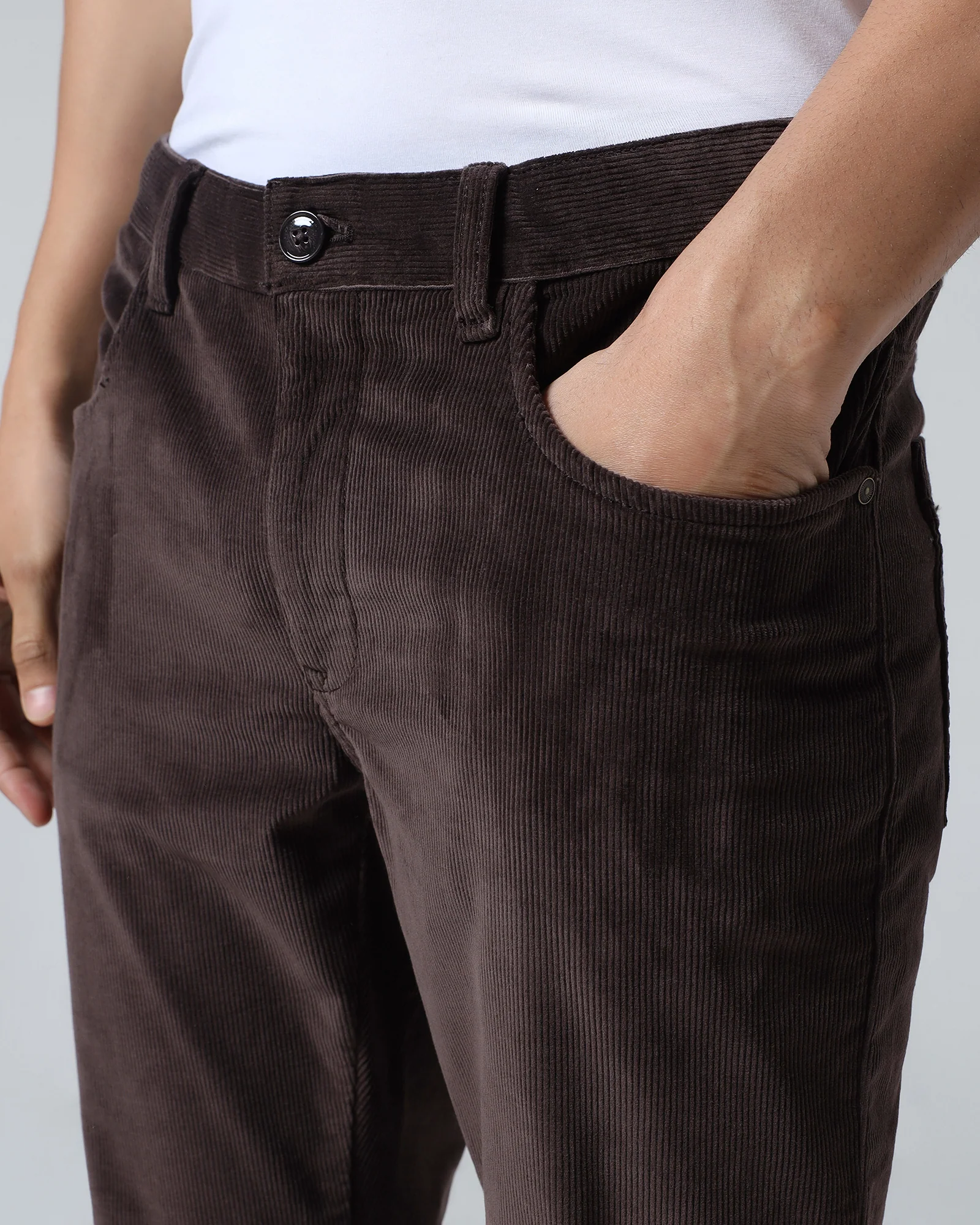 Brown Corduroy Solid Khakis - Magne - Image 4