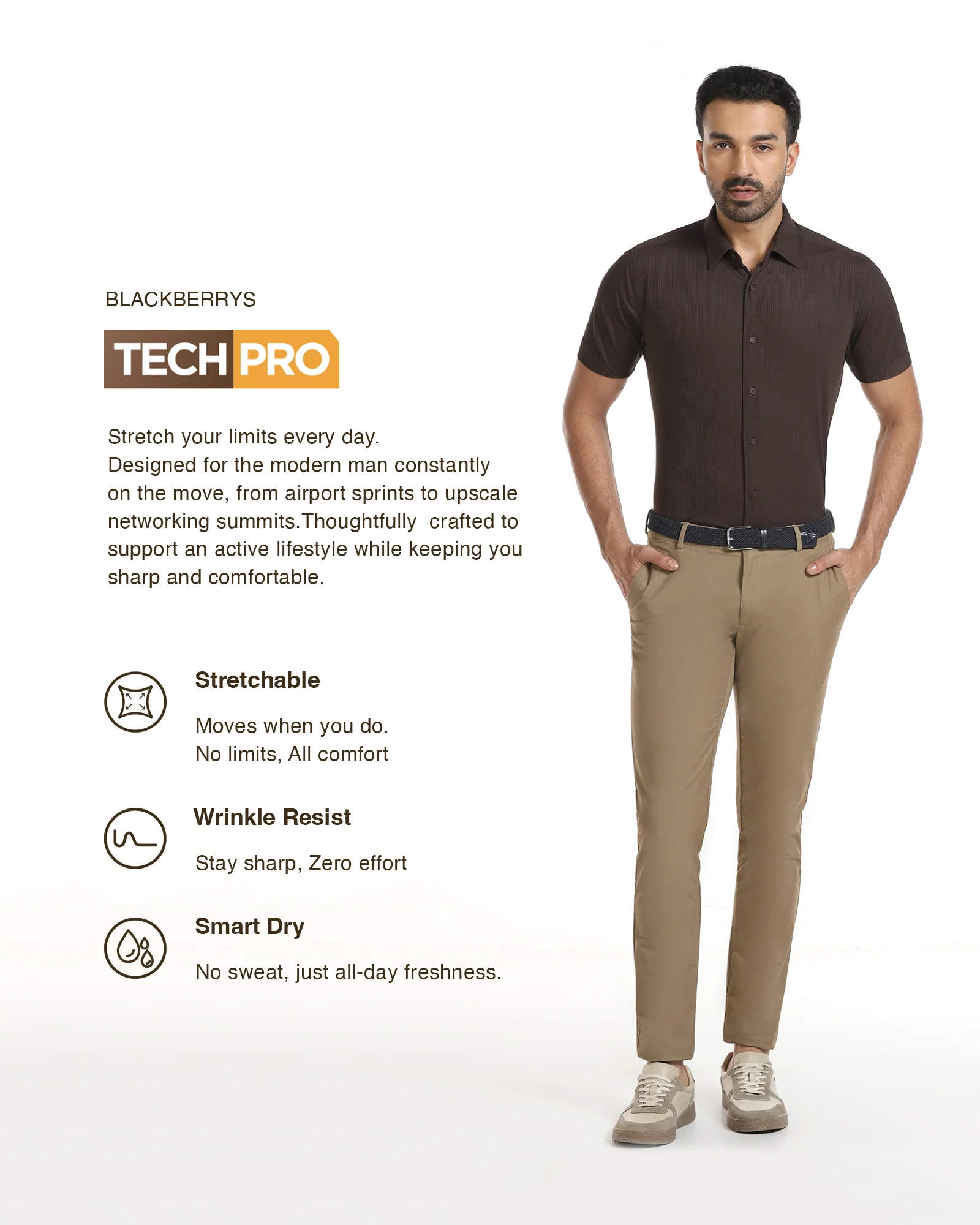 Brown Half Sleeve TechPro Stripe Shirt - Civil - Image 3
