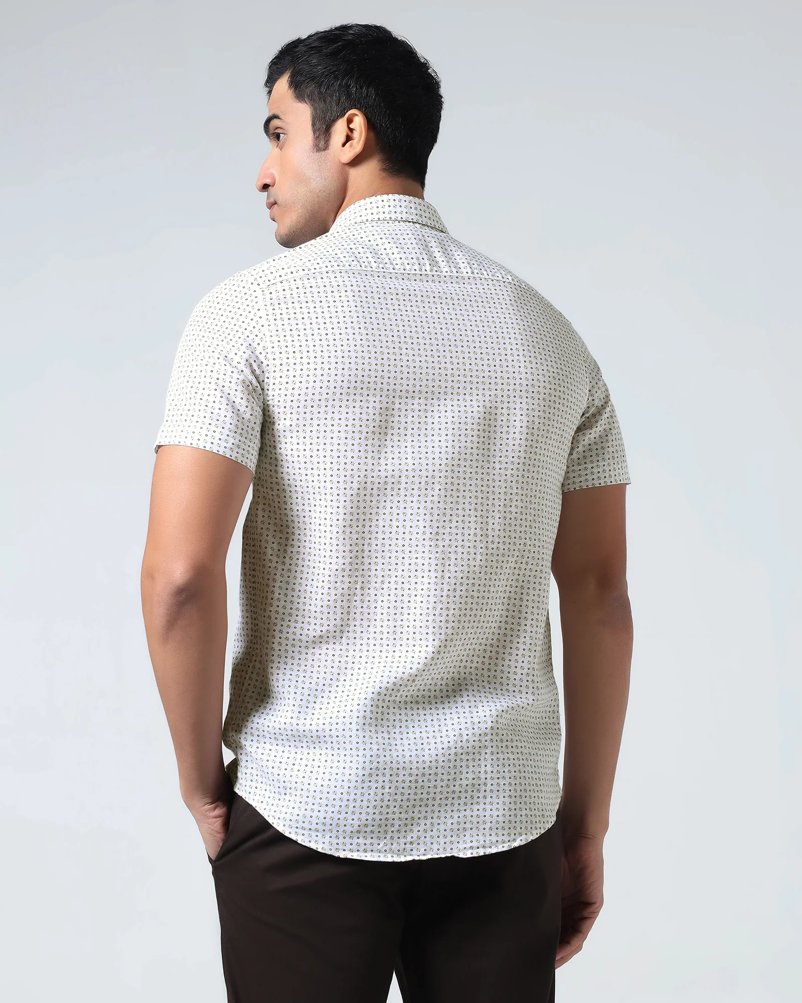 Brown Half Sleeve Linen Printed Shirt - Rogel - Image 2