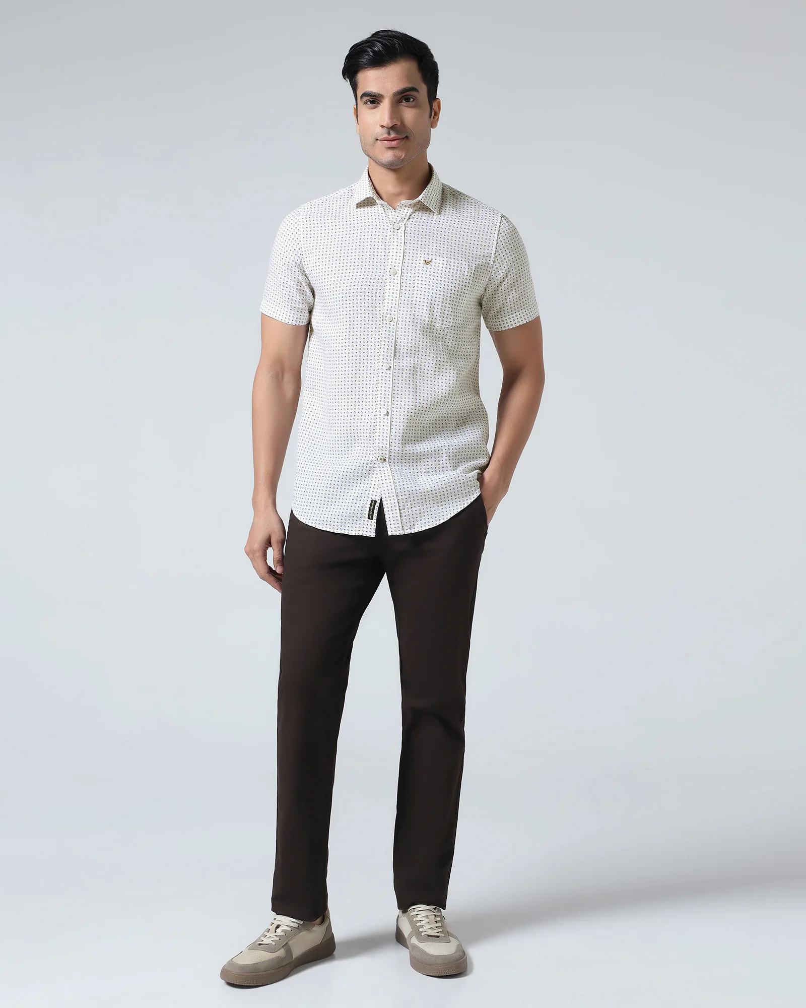 Brown Half Sleeve Linen Printed Shirt - Rogel - Image 3