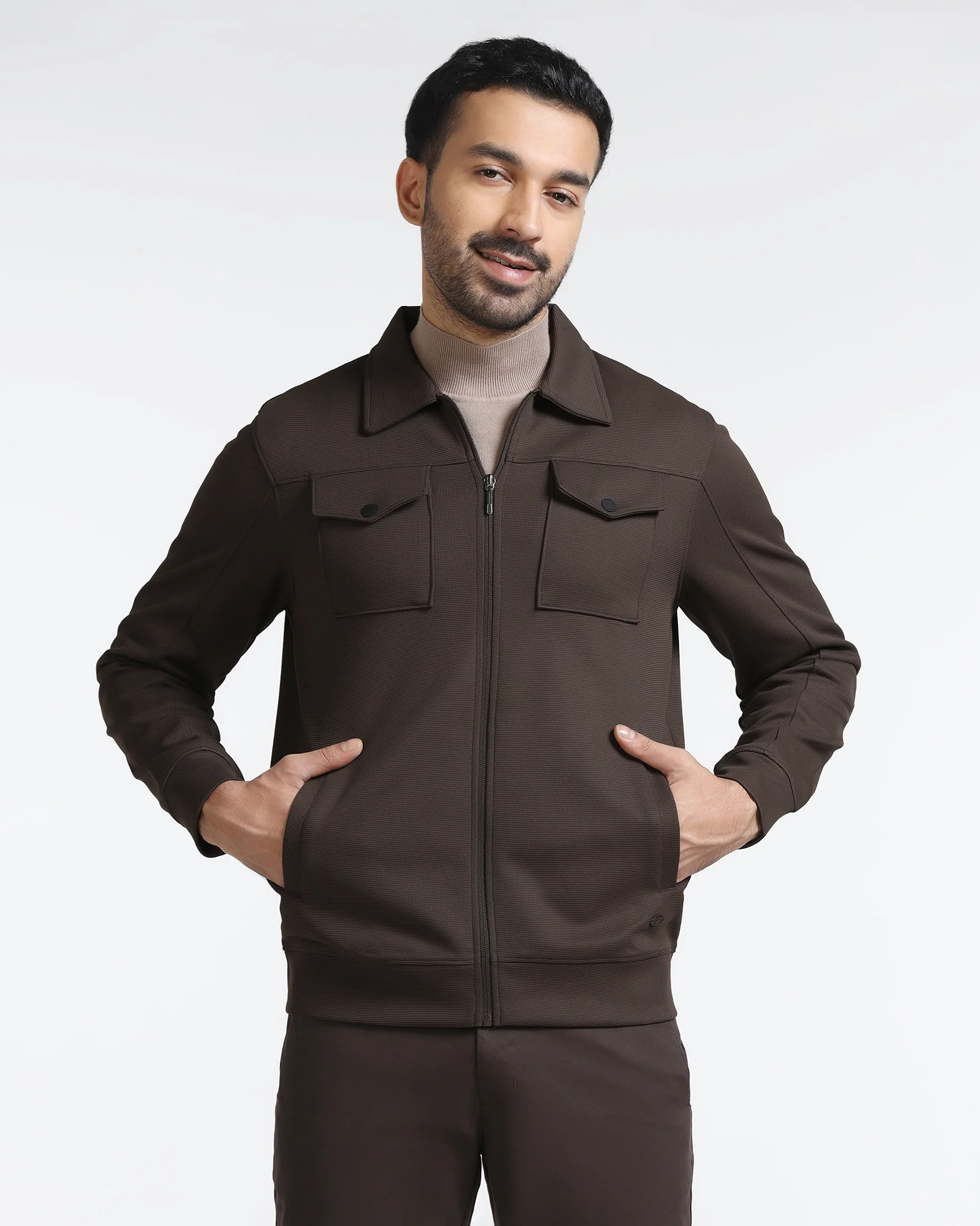 Brown Polo Neck Solid Sweatshirt - Octa