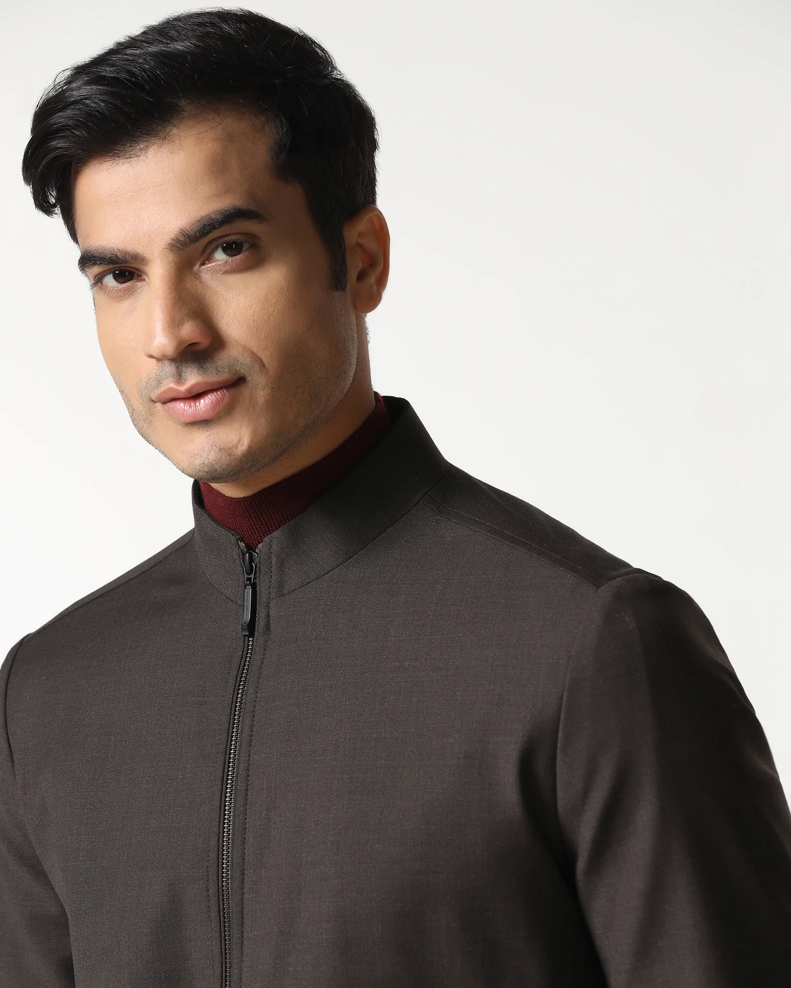 Brown Solid Zipper Jacket - Zeno - Image 4
