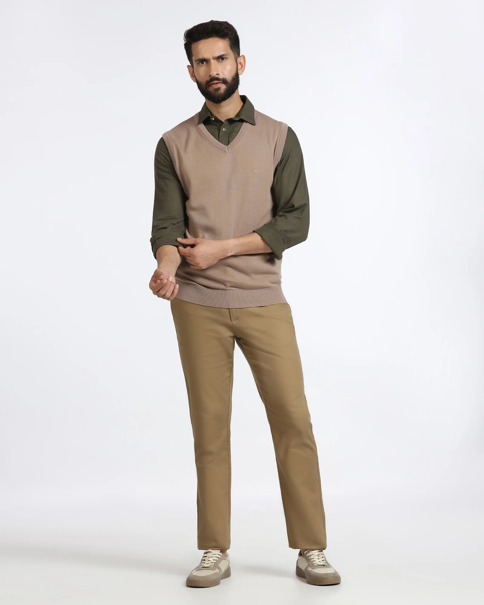 Camel V-Neck Solid Sweater - Less - Image 3