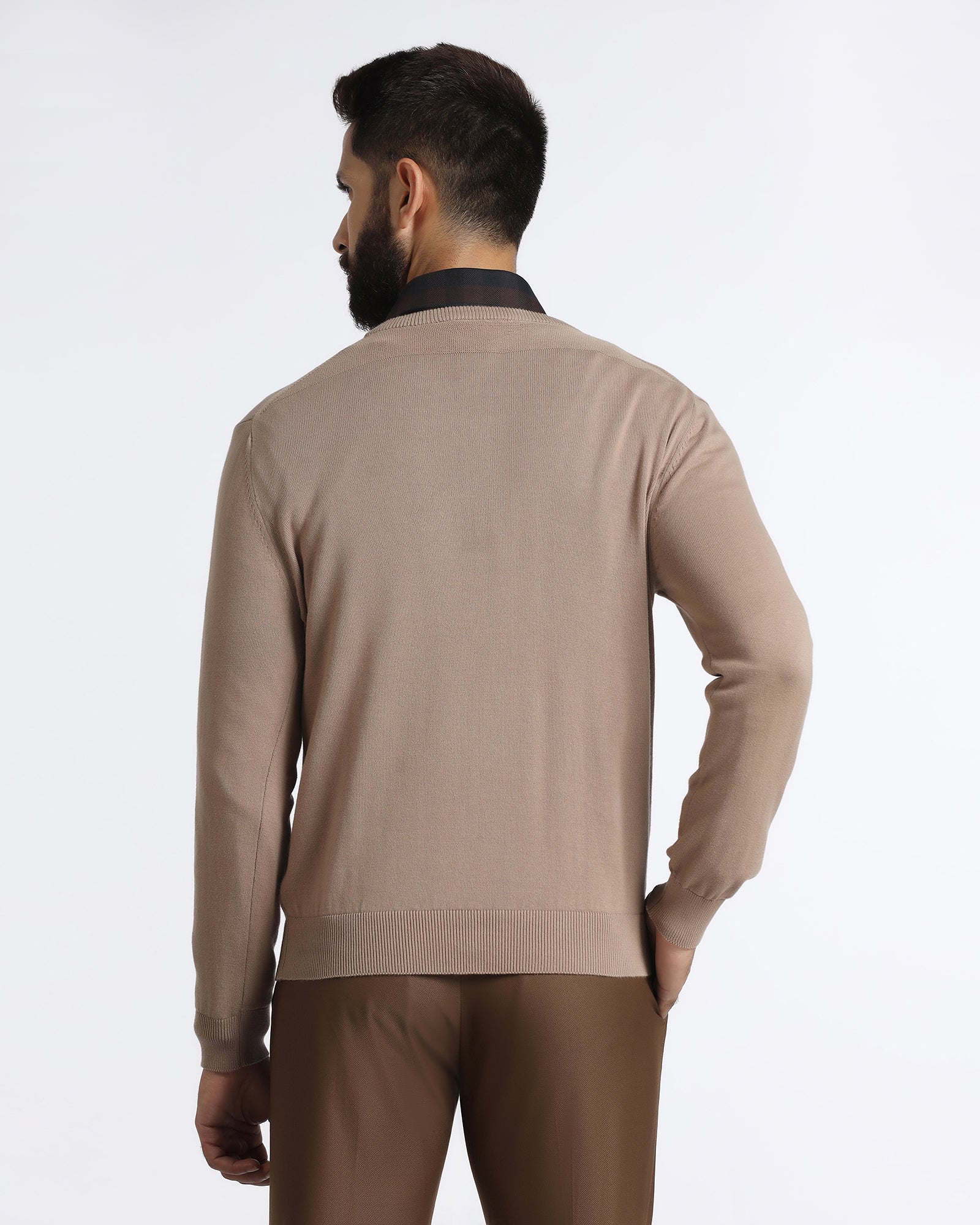 Camel V-Neck Solid Sweater - Vneckter - Image 2