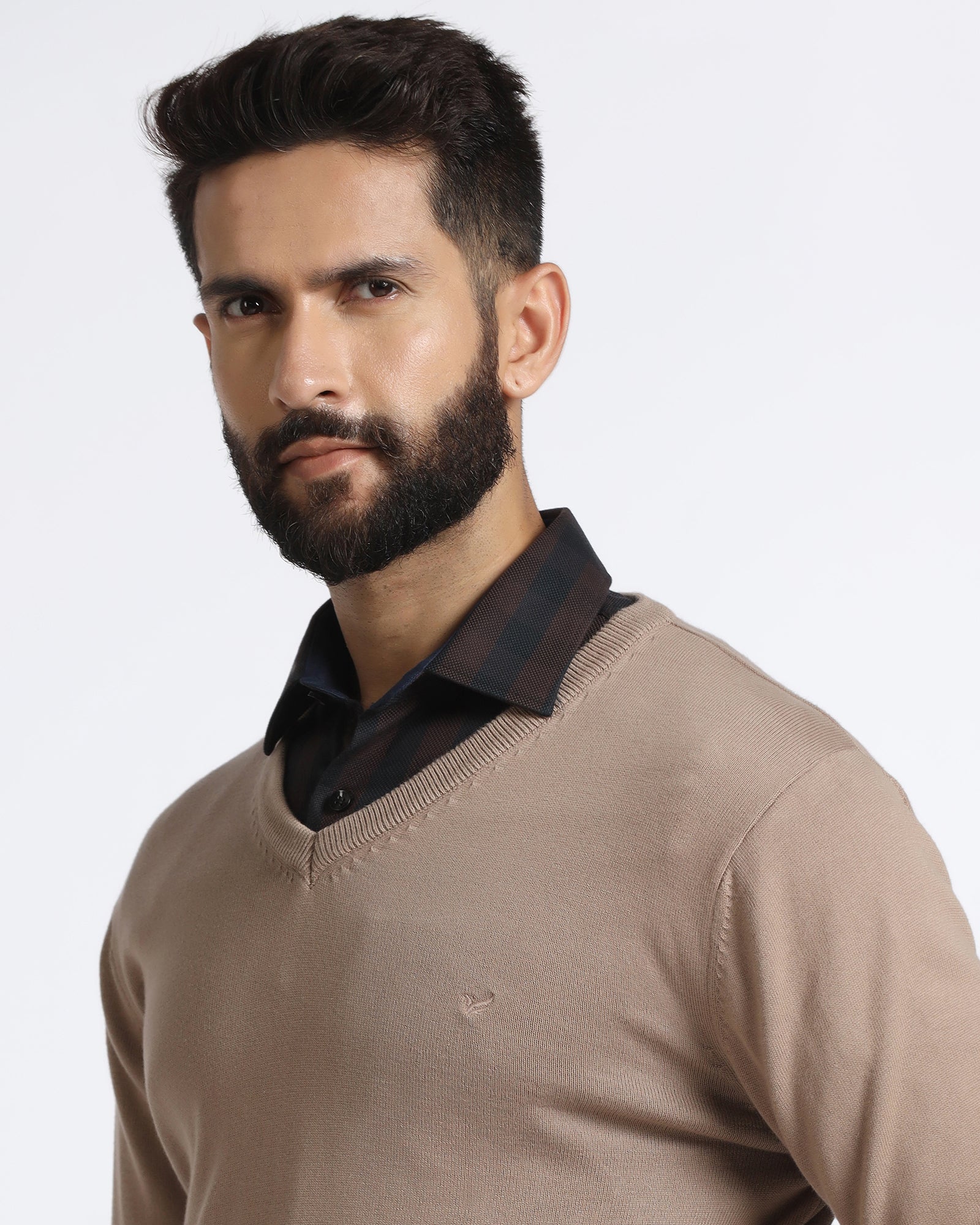 Camel V-Neck Solid Sweater - Vneckter - Image 4