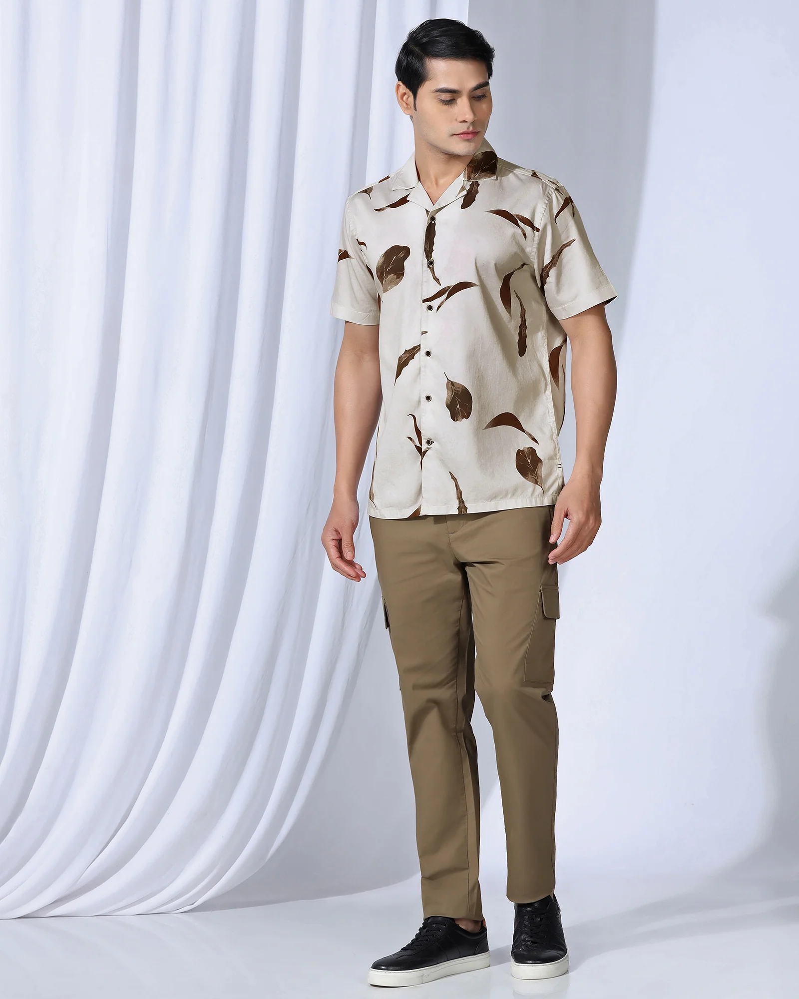 Casual Half Sleeve Beige Printed Shirt - Rowen - Image 3