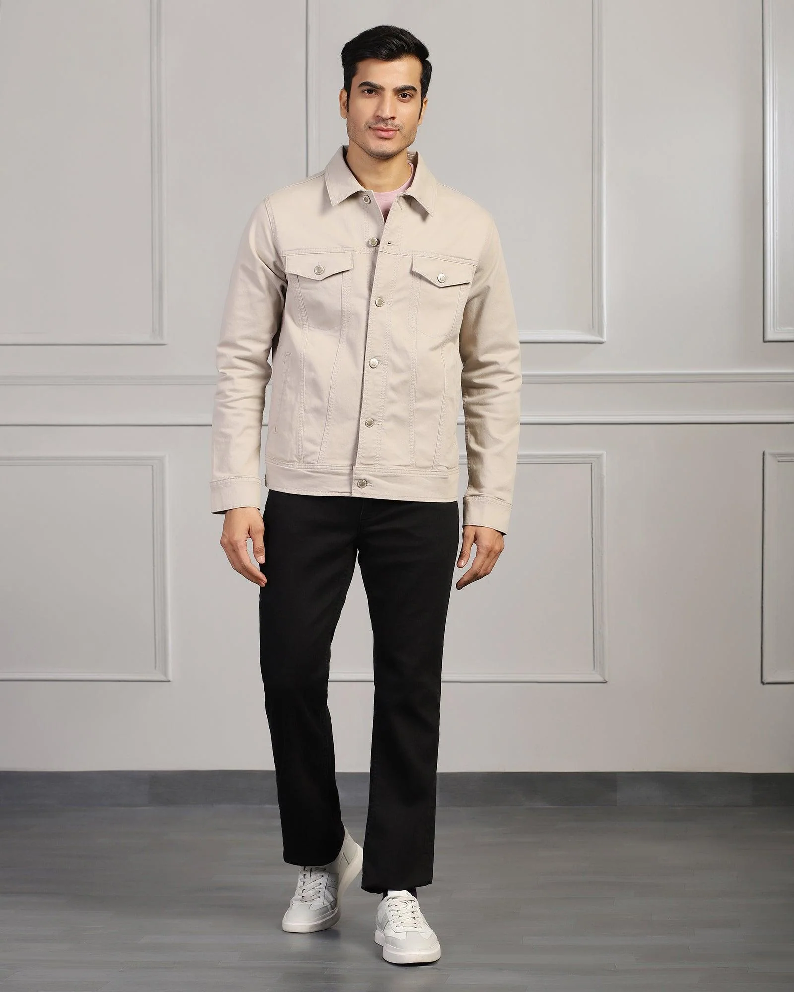 Casual Beige Solid Denim Jacket - Jeff - Image 3