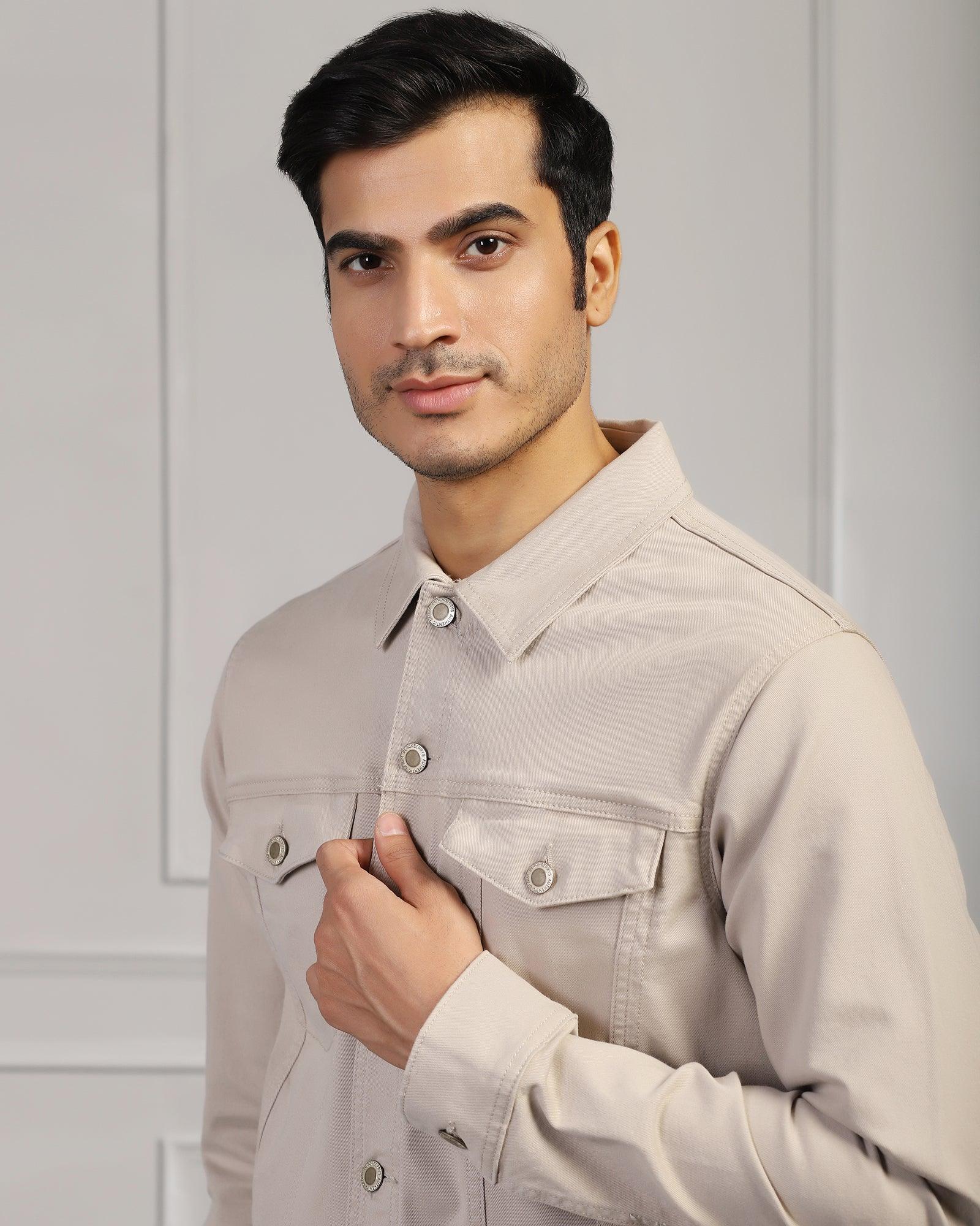 Casual Beige Solid Denim Jacket - Jeff - Image 4