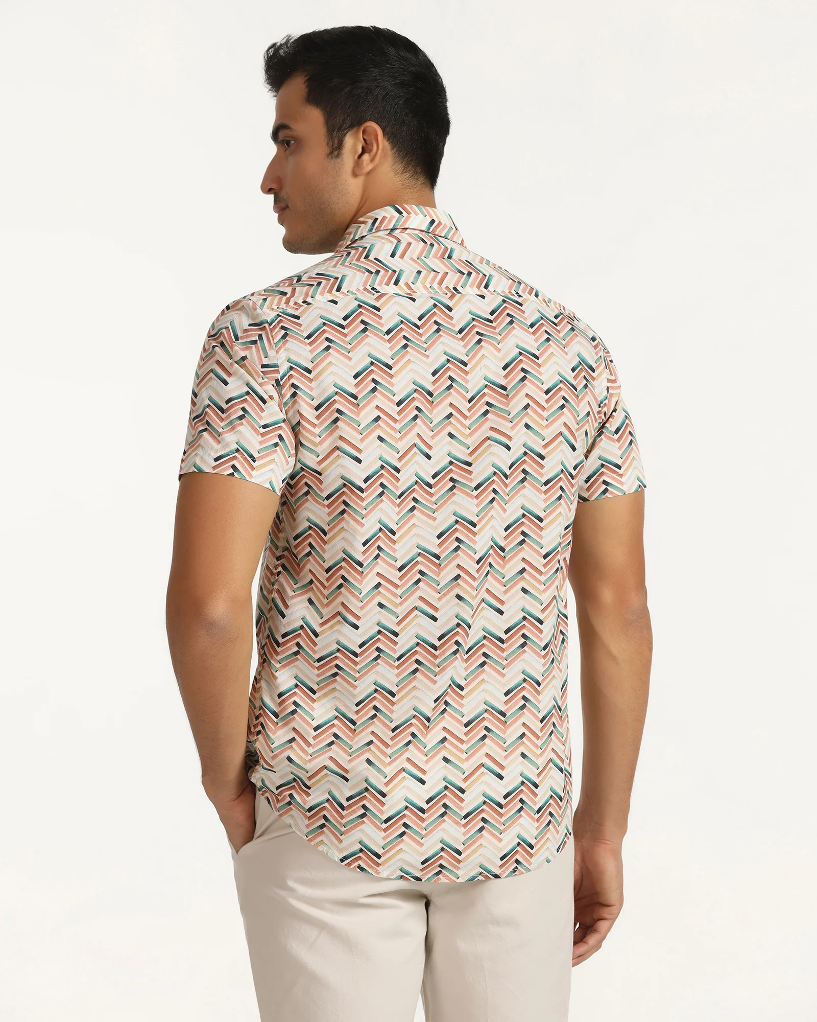 Casual Half Sleeve Beige Printed Shirt - Alba - Image 2
