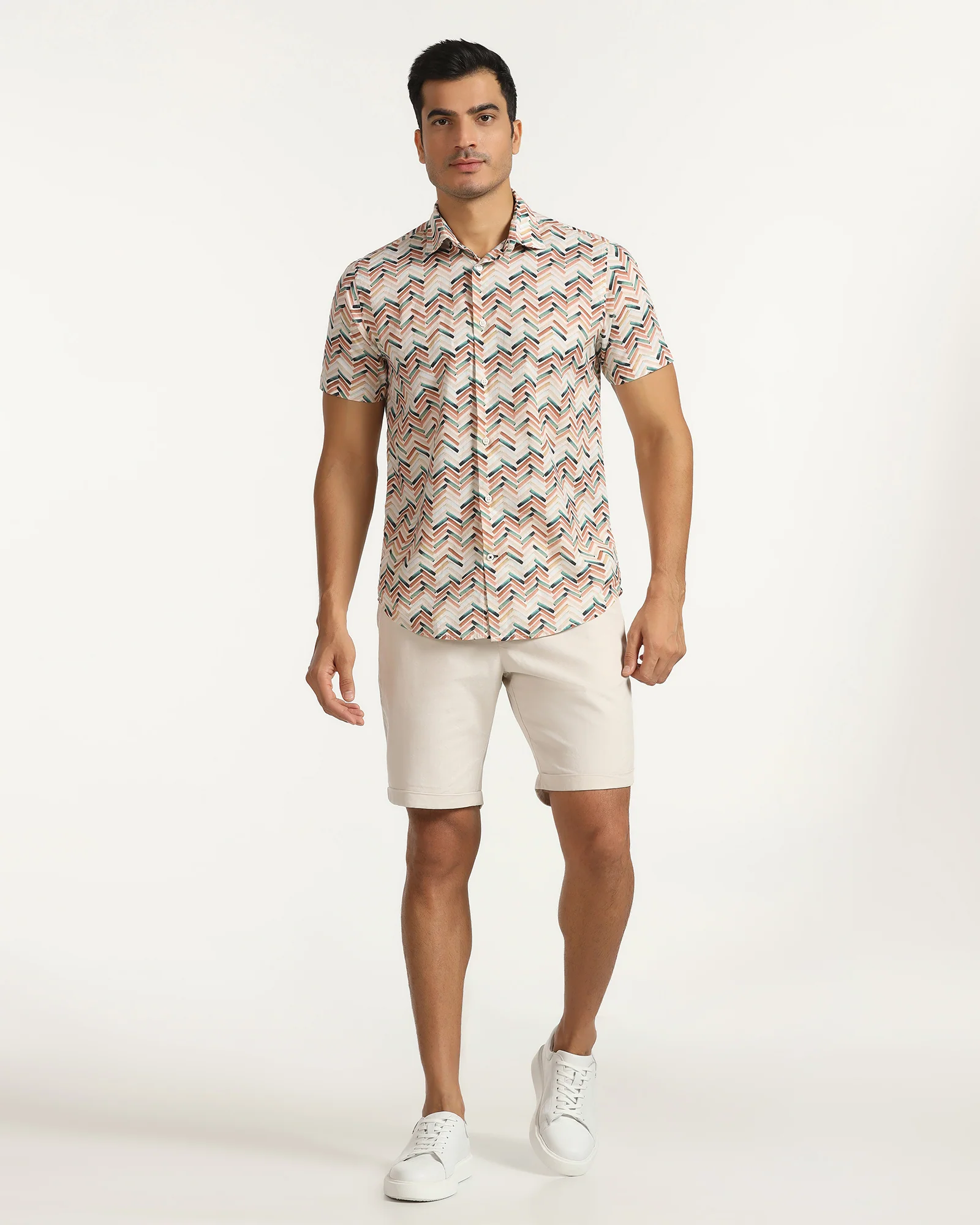 Casual Half Sleeve Beige Printed Shirt - Alba - Image 3