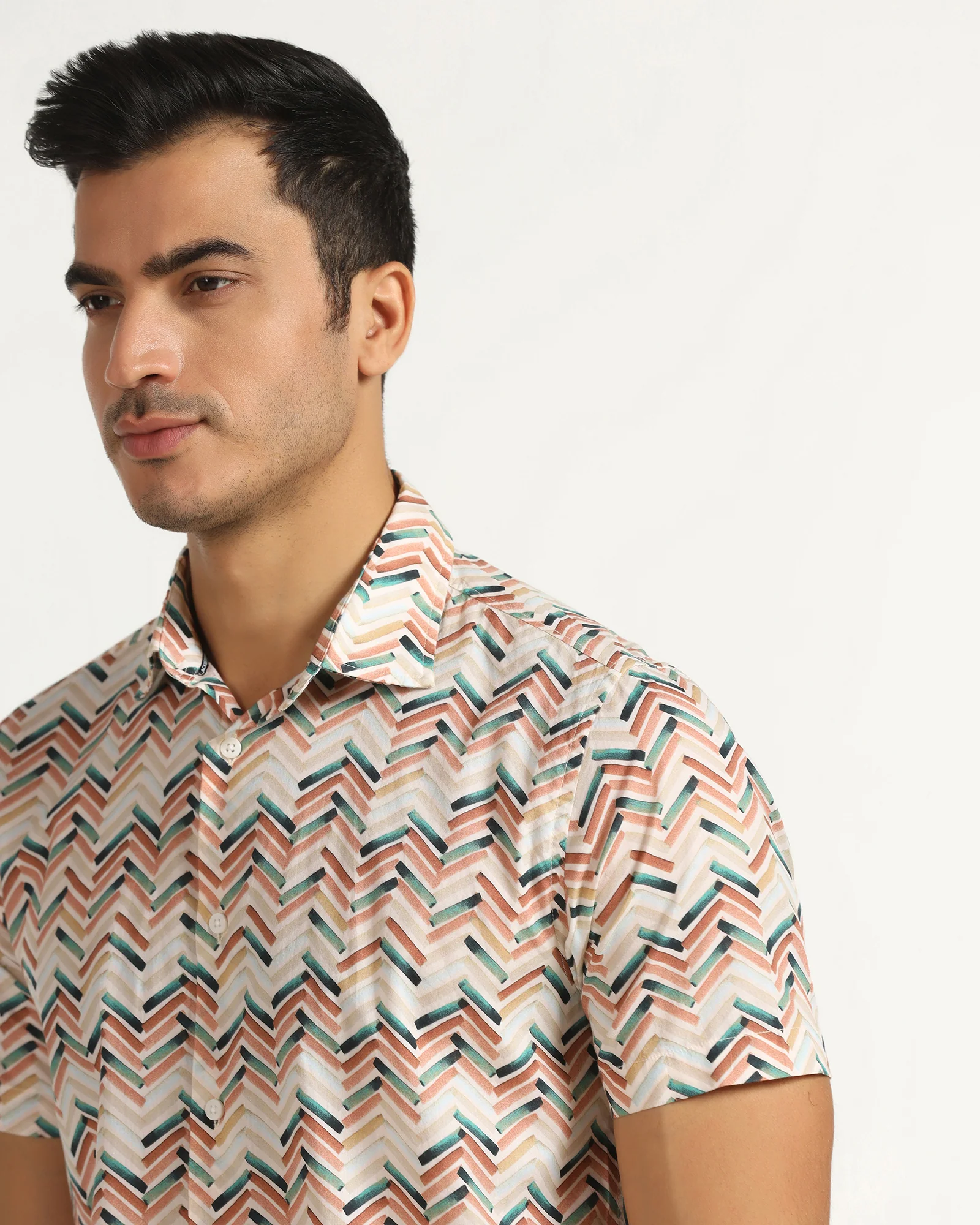 Casual Half Sleeve Beige Printed Shirt - Alba - Image 4