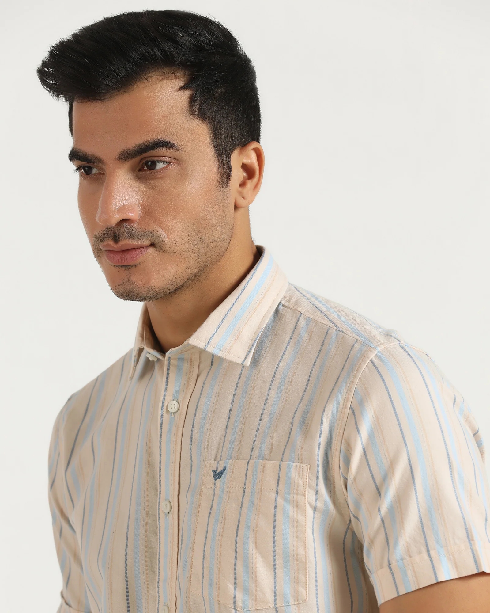 Casual Half Sleeve Beige Stripe Shirt - masami - Image 4