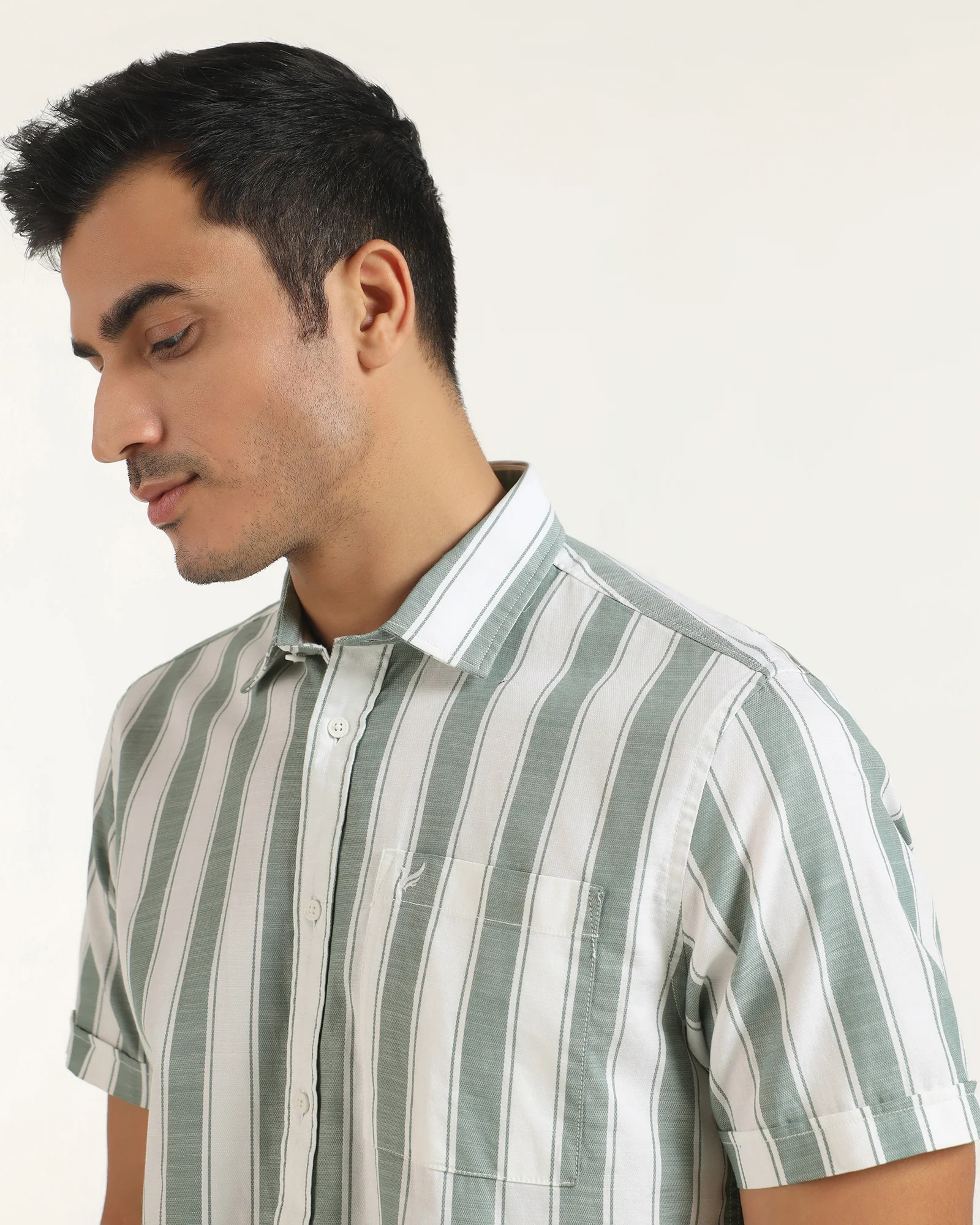 Casual Half Sleeve Green Stripe Shirt - Delmor - Image 4