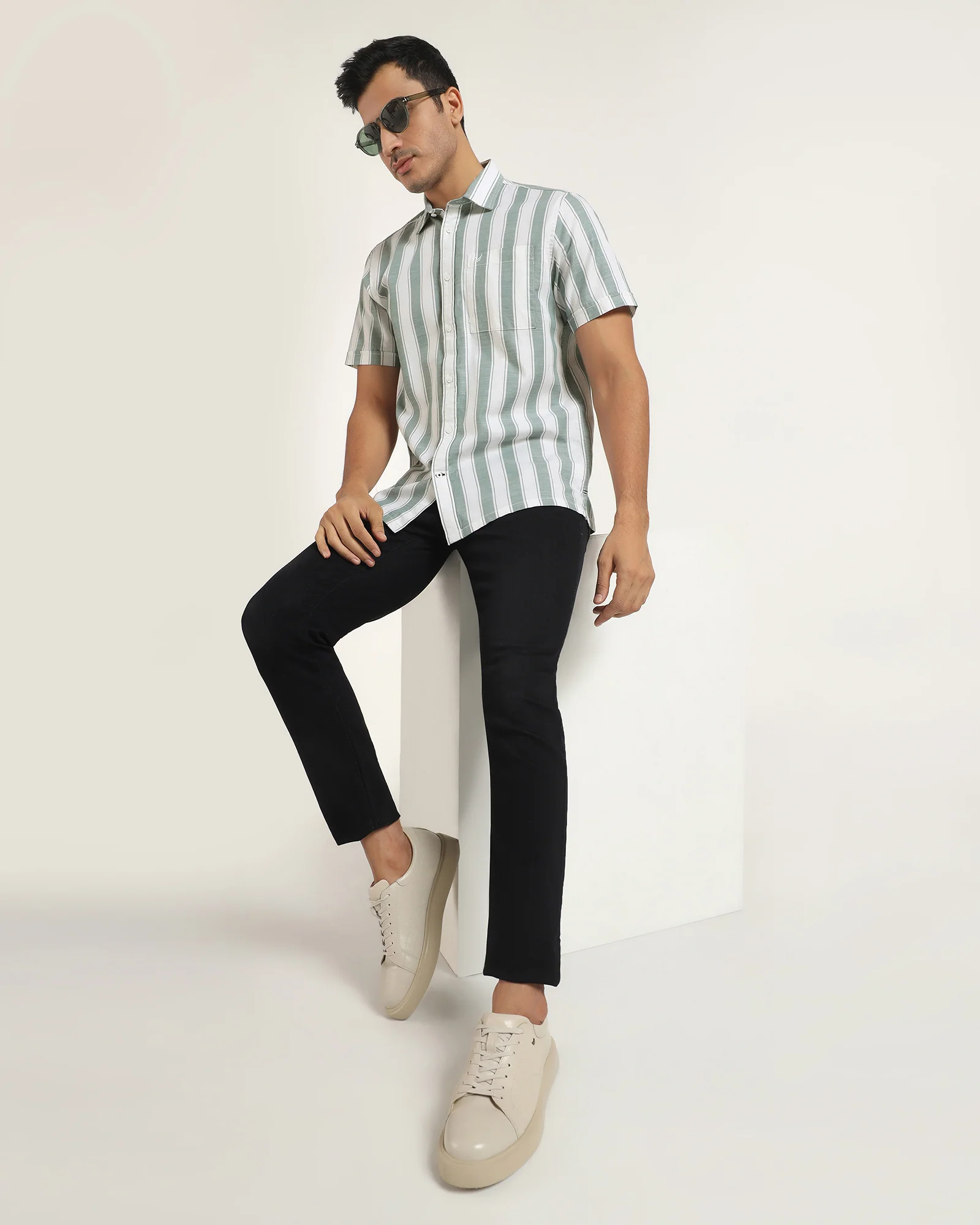 Casual Half Sleeve Green Stripe Shirt - Delmor - Image 7