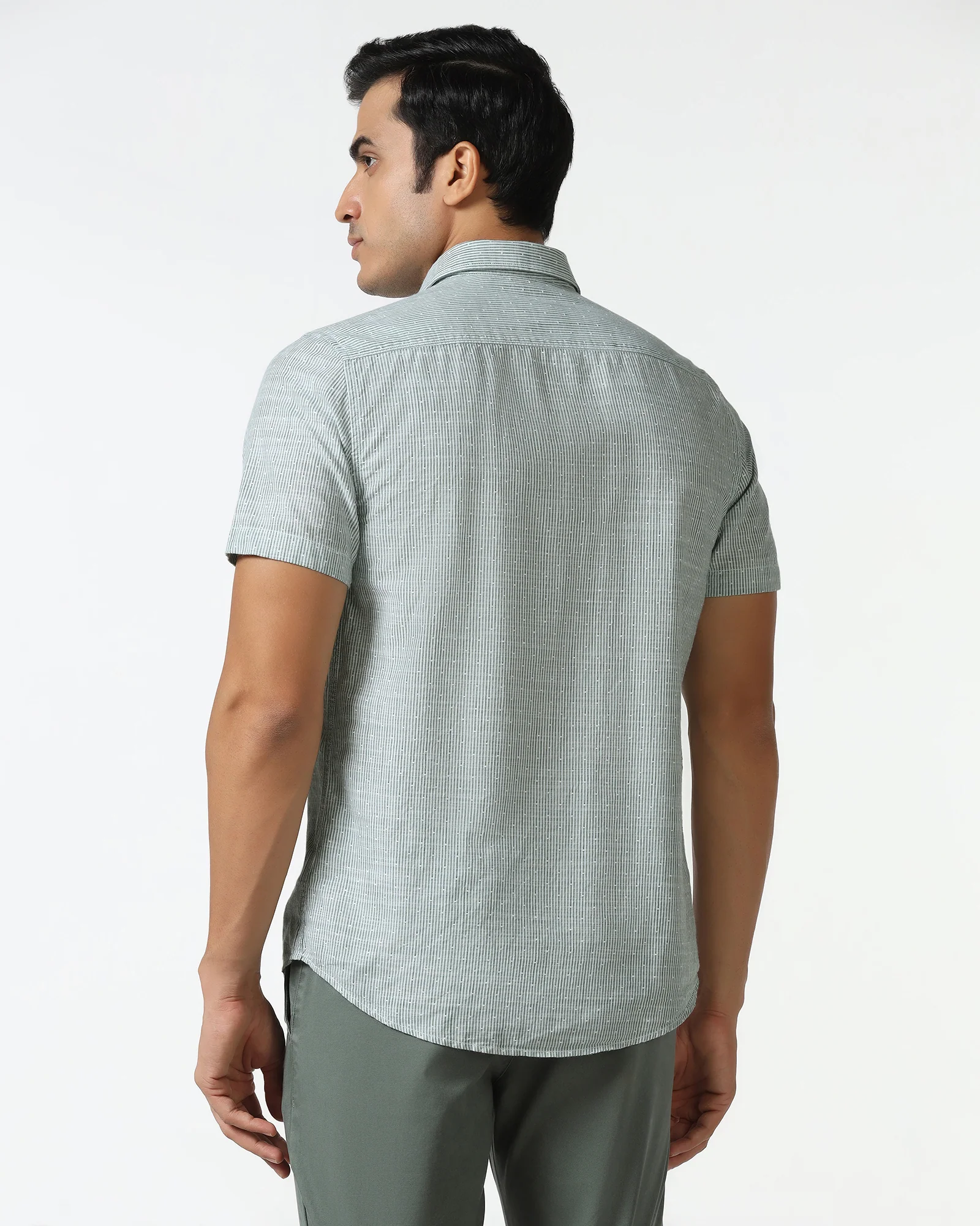Casual Half Sleeve Green Stripe Shirt - Marven - Image 2