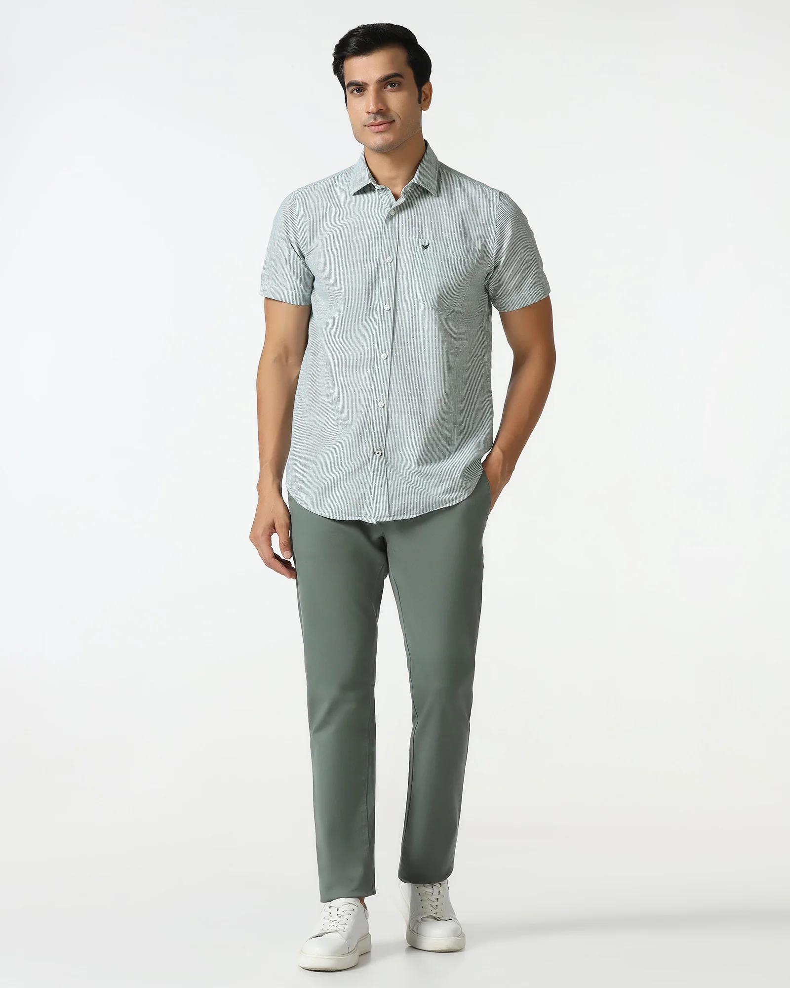Casual Half Sleeve Green Stripe Shirt - Marven - Image 3