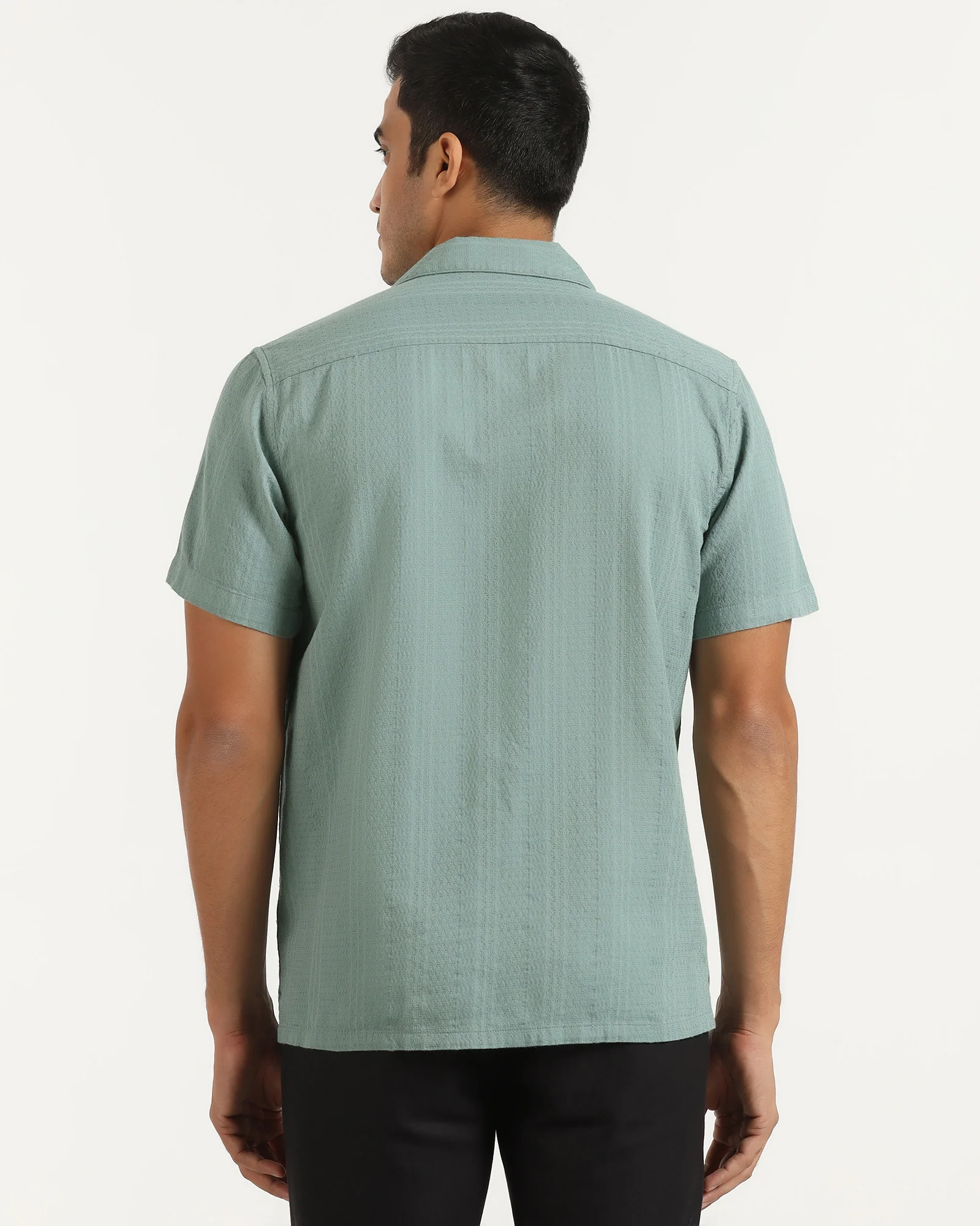 Casual Half Sleeve Green Textured Shirt - Elister - Image 2