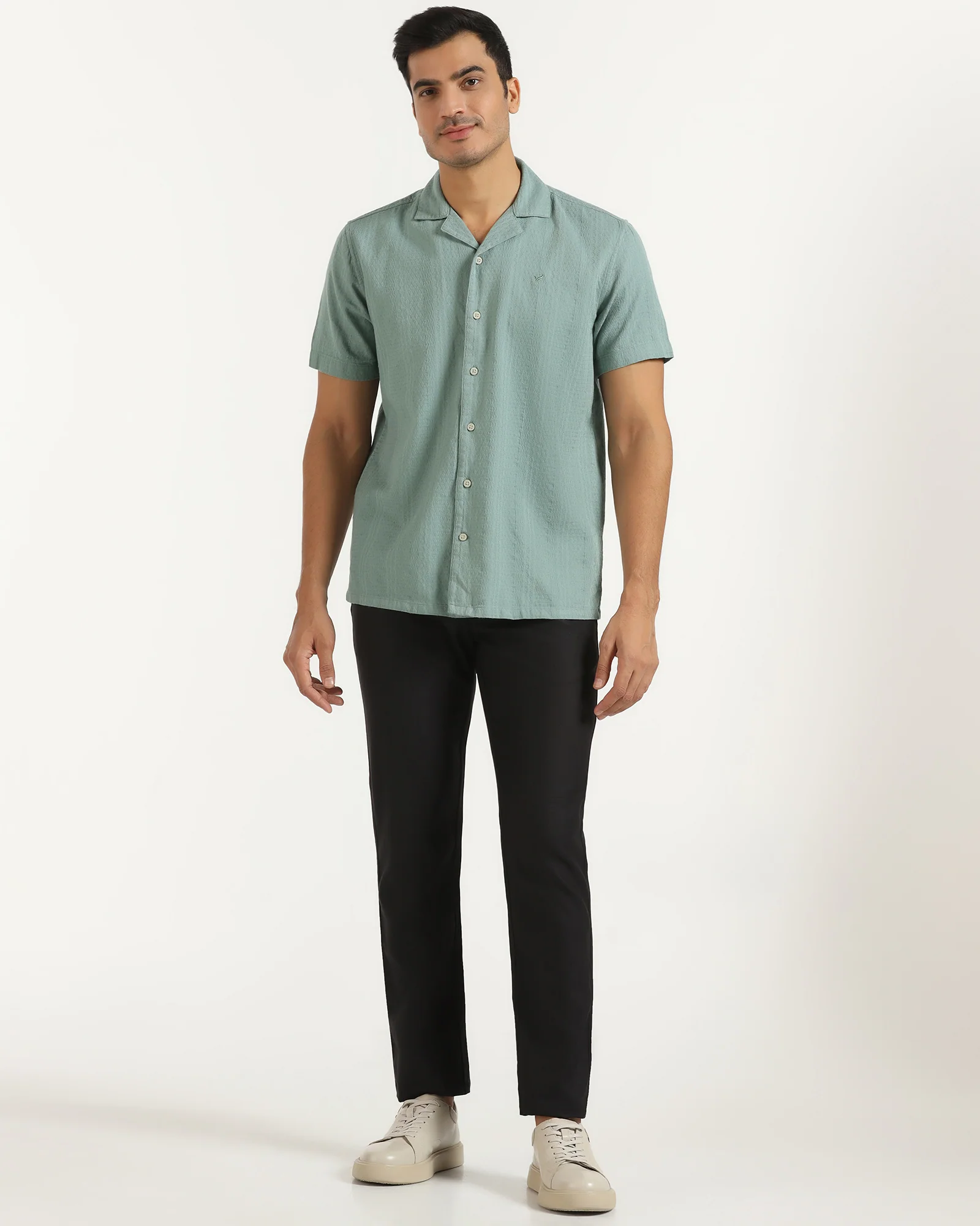 Casual Half Sleeve Green Textured Shirt - Elister - Image 3