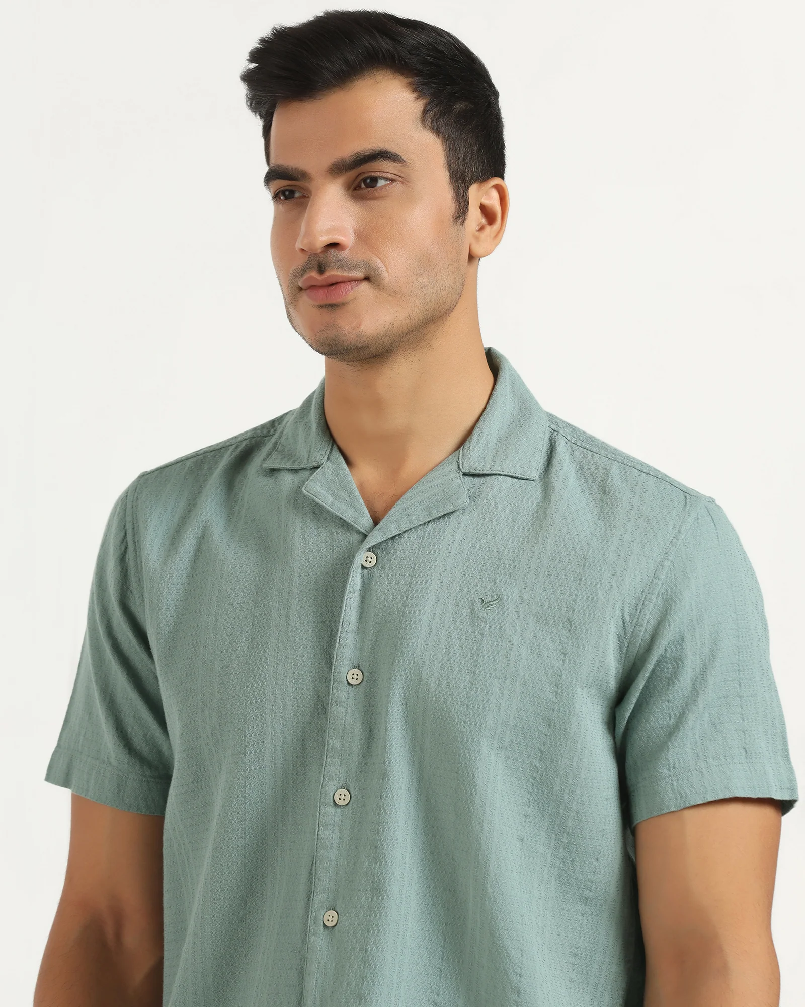 Casual Half Sleeve Green Textured Shirt - Elister - Image 4