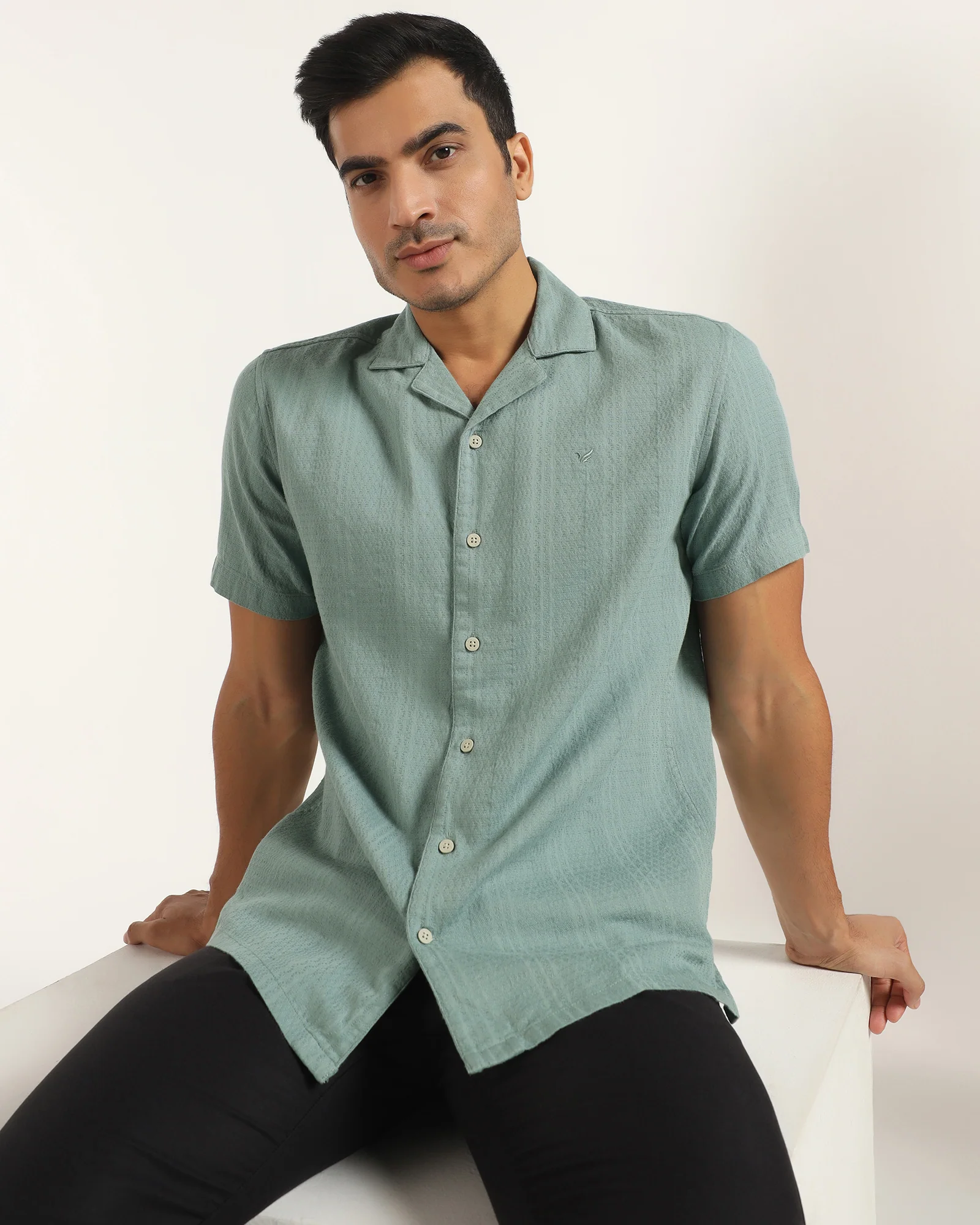 Casual Half Sleeve Green Textured Shirt - Elister - Image 7