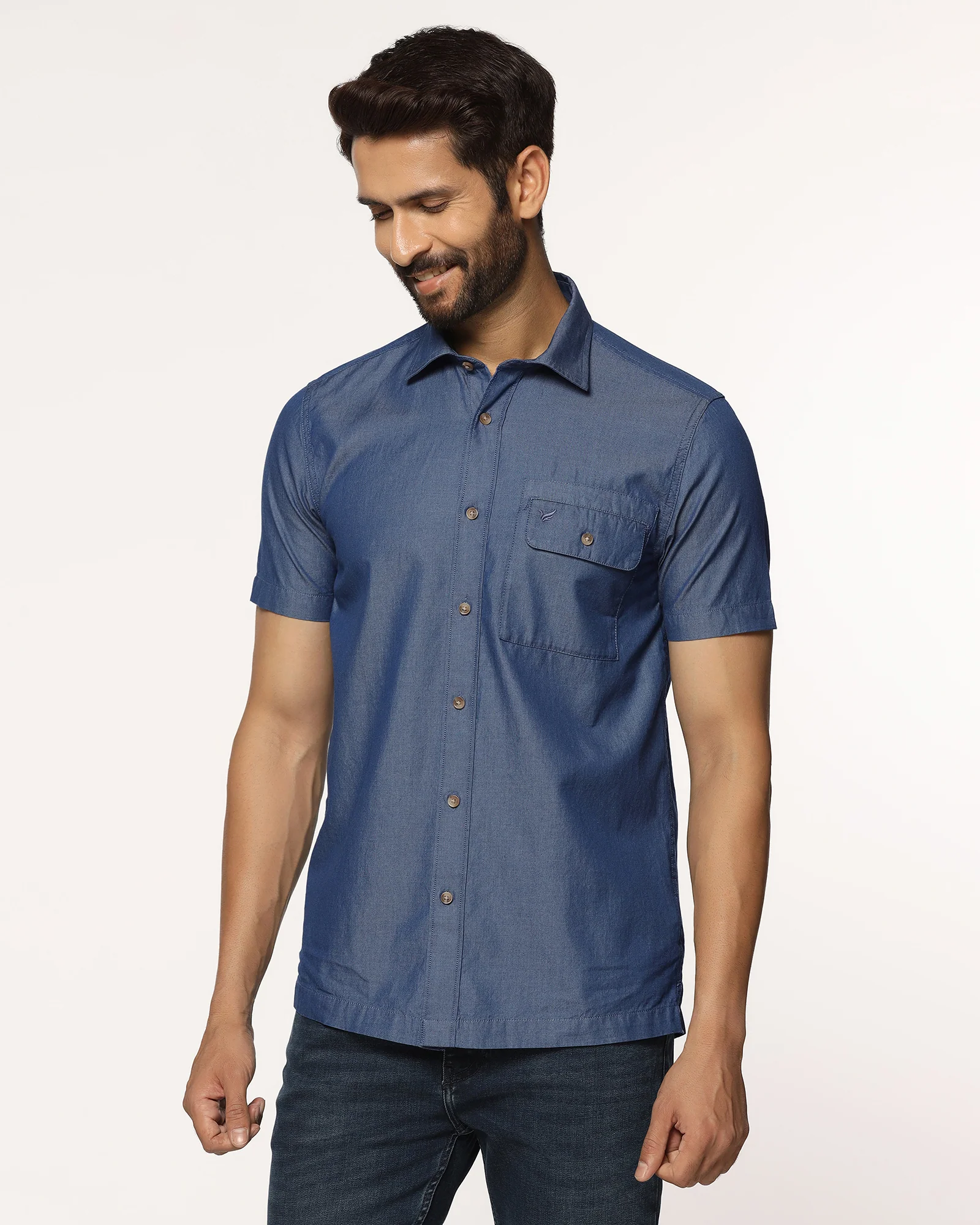 Casual Half Sleeve Indigo Solid Shirt - Mylo - Image 8