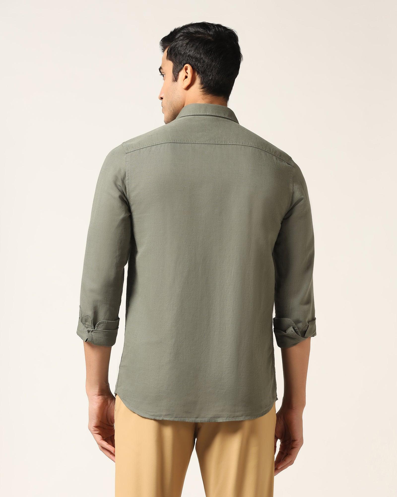 Linen Casual Olive Solid Shirt - Salmon - Image 2