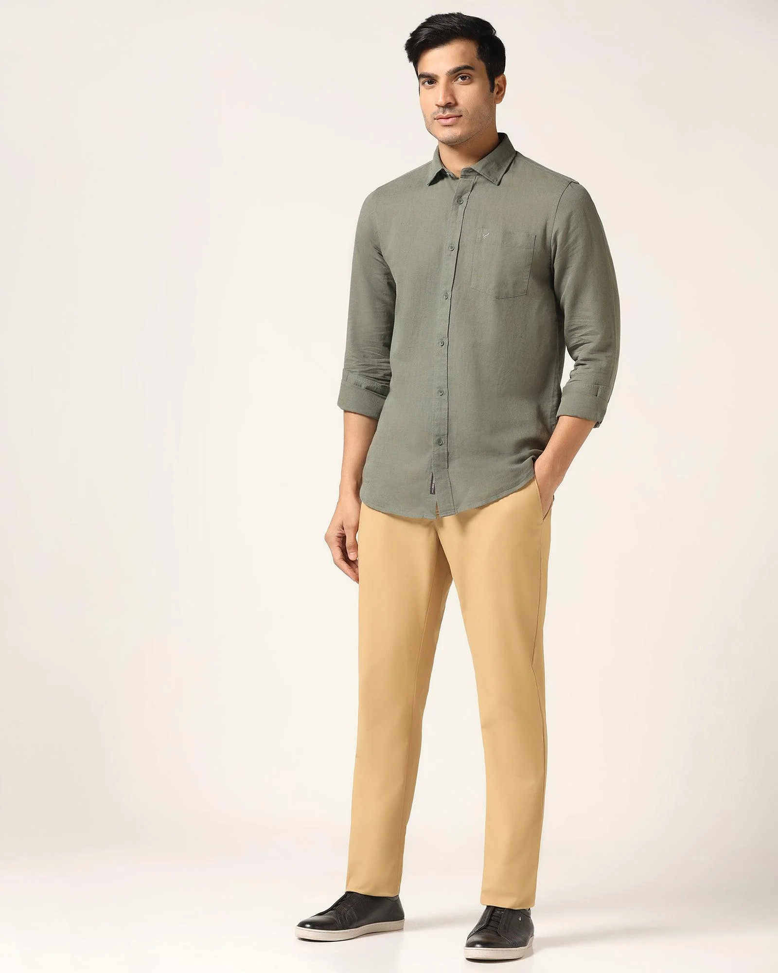 Linen Casual Olive Solid Shirt - Salmon - Image 3
