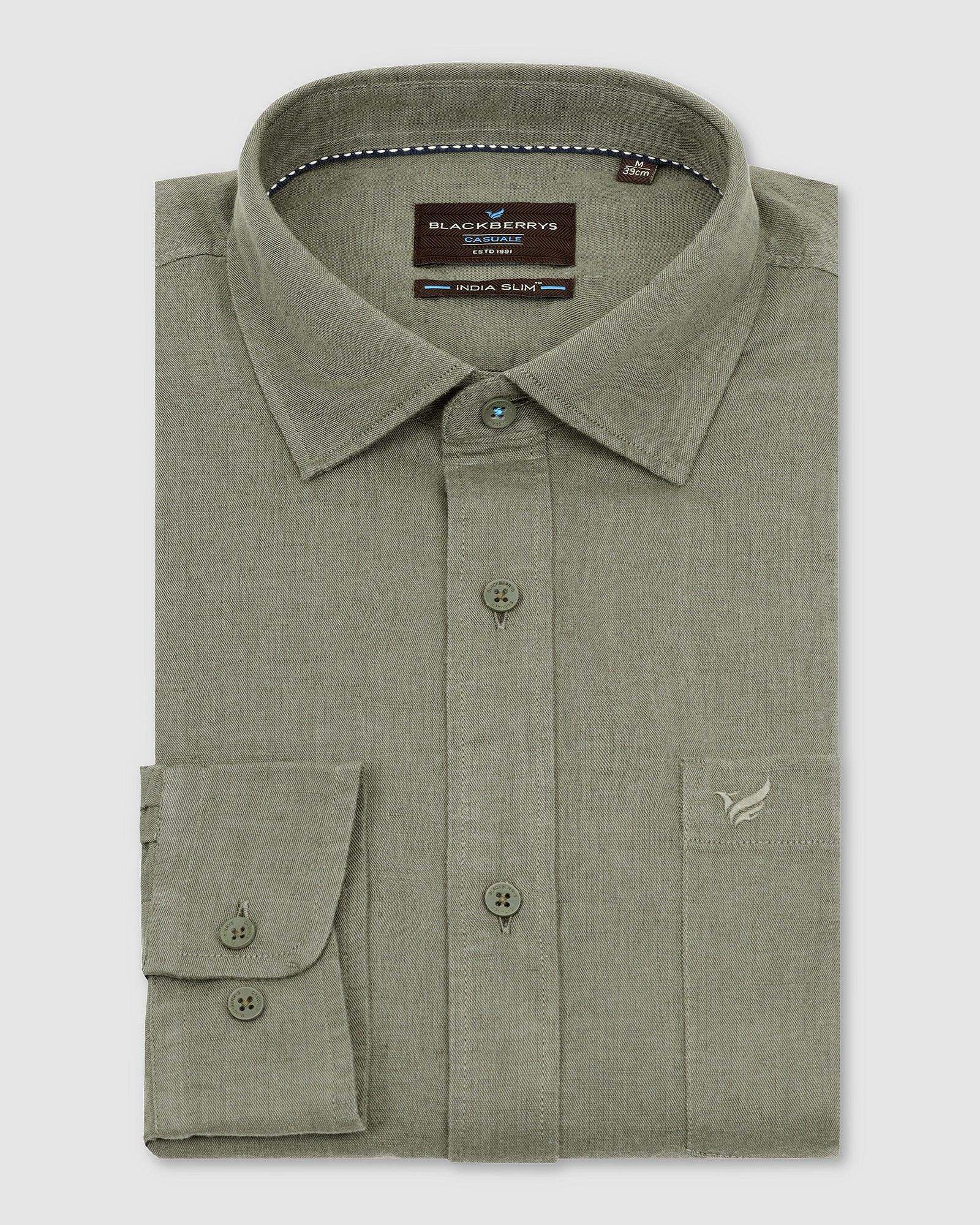 Linen Casual Olive Solid Shirt - Salmon - Image 5