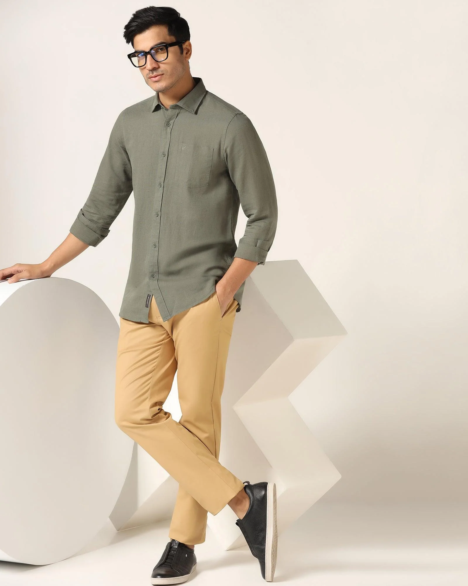 Linen Casual Olive Solid Shirt - Salmon - Image 8