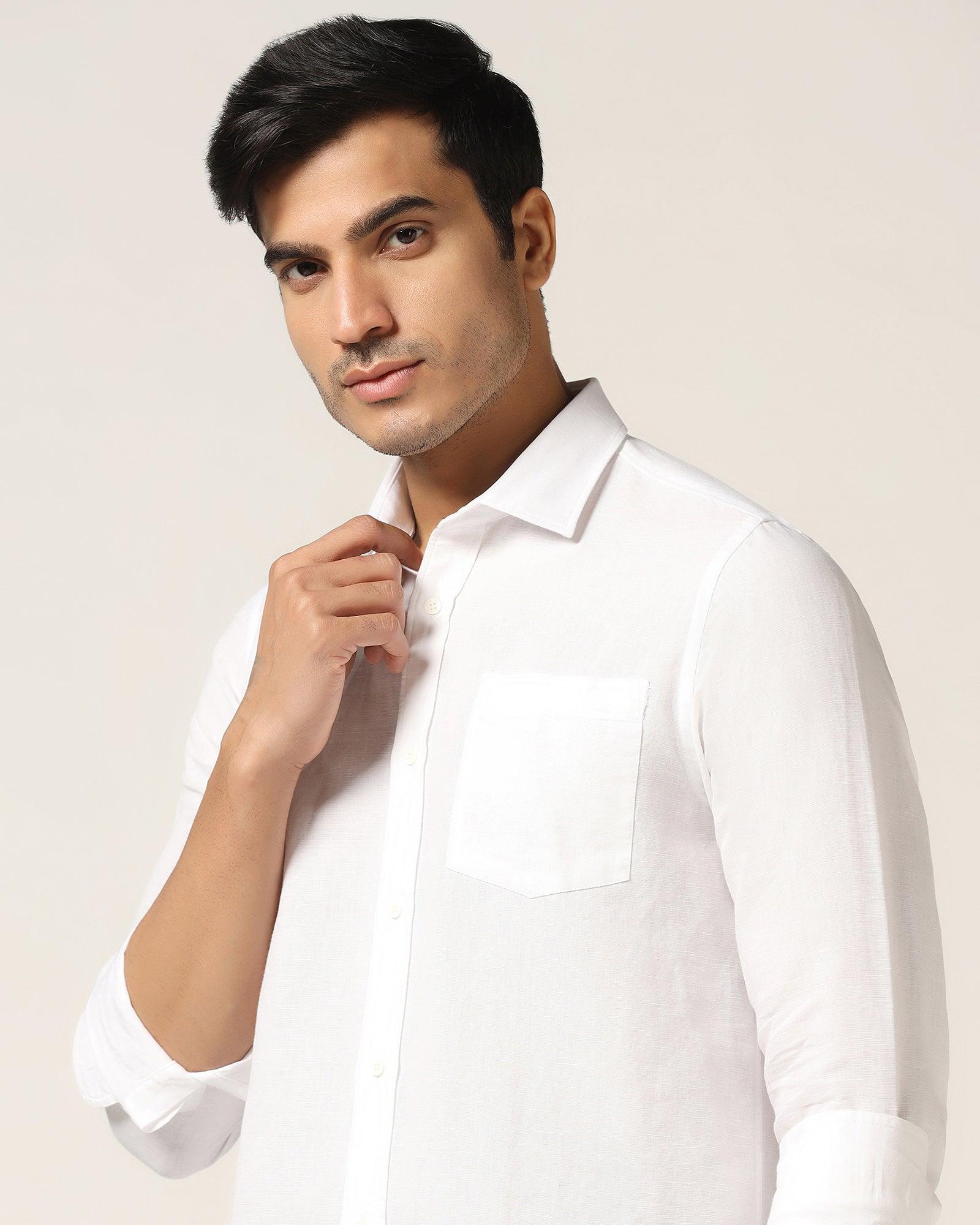 Linen Casual White Solid Shirt - Salmon - Image 4