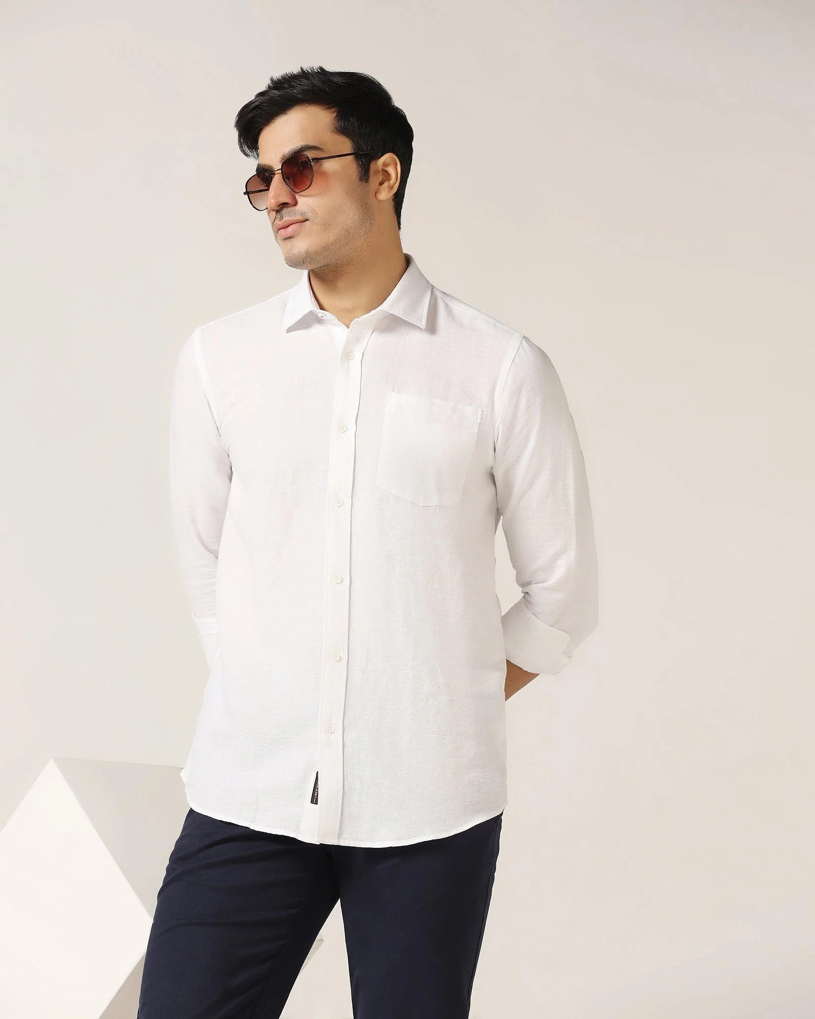 Linen Casual White Solid Shirt - Salmon - Image 6