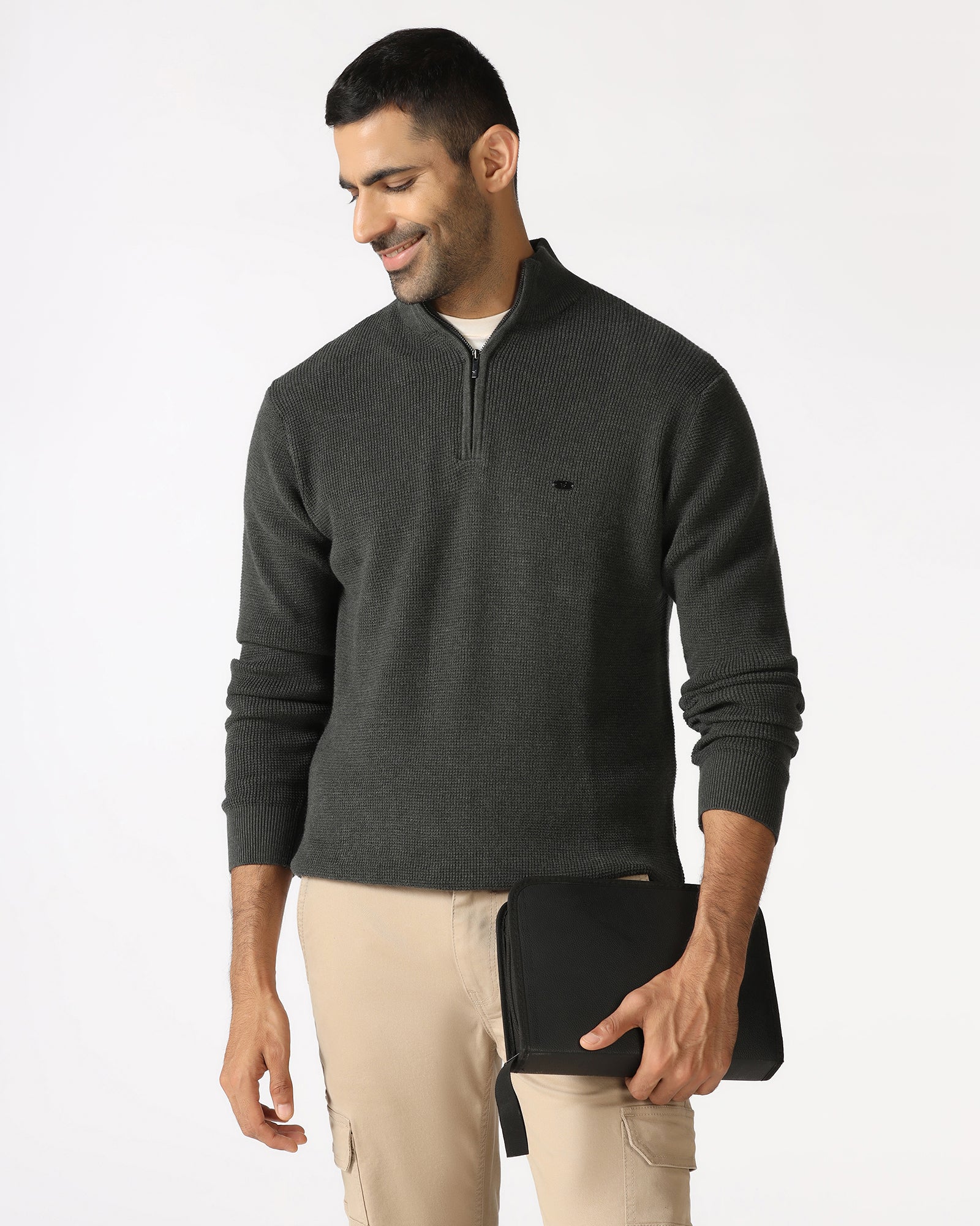 Charcoal High Neck Jacquard Sweater - Price - Image 5