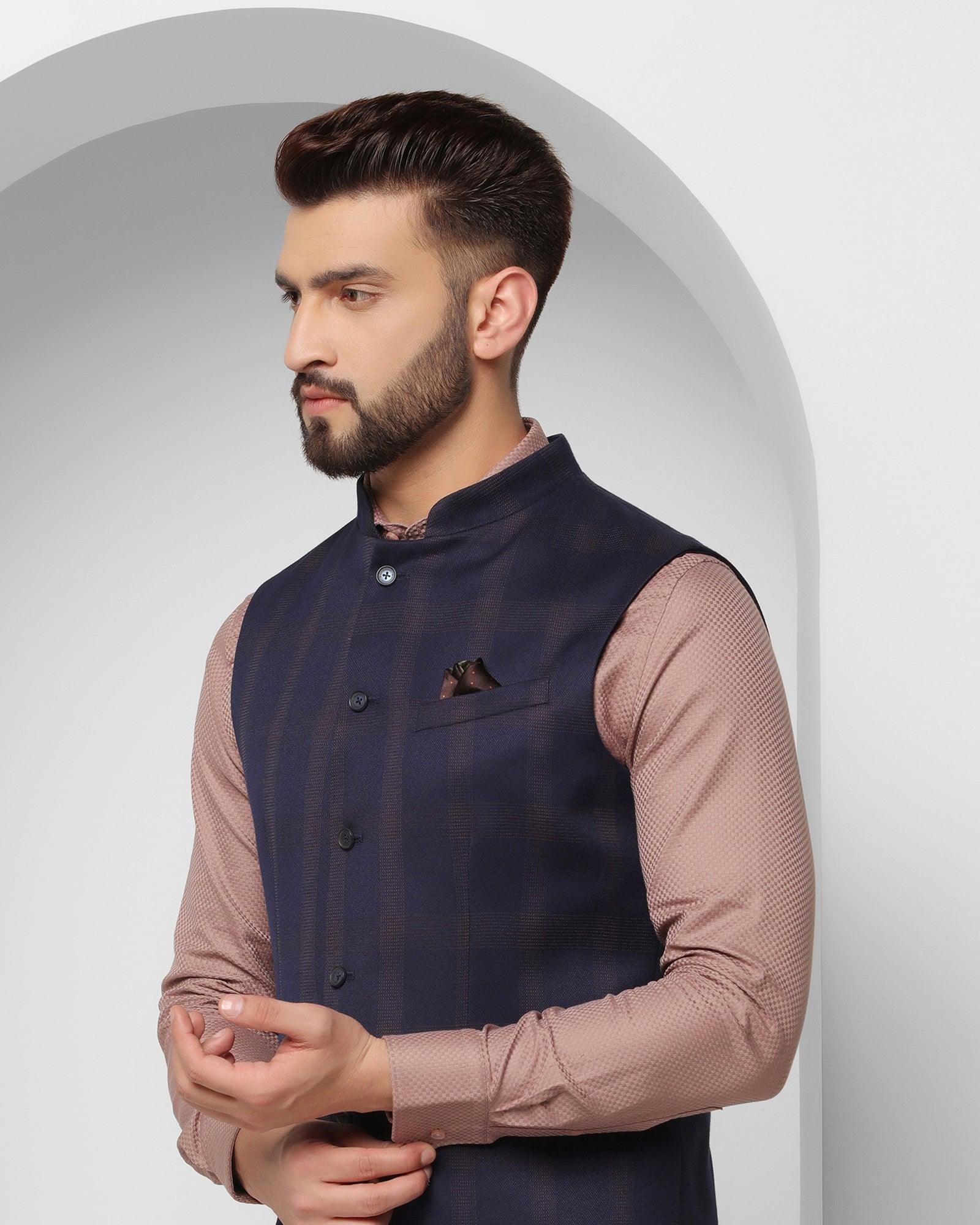 Bandhgala Formal Dark Blue Check Waistcoat - Alfredo - Image 4